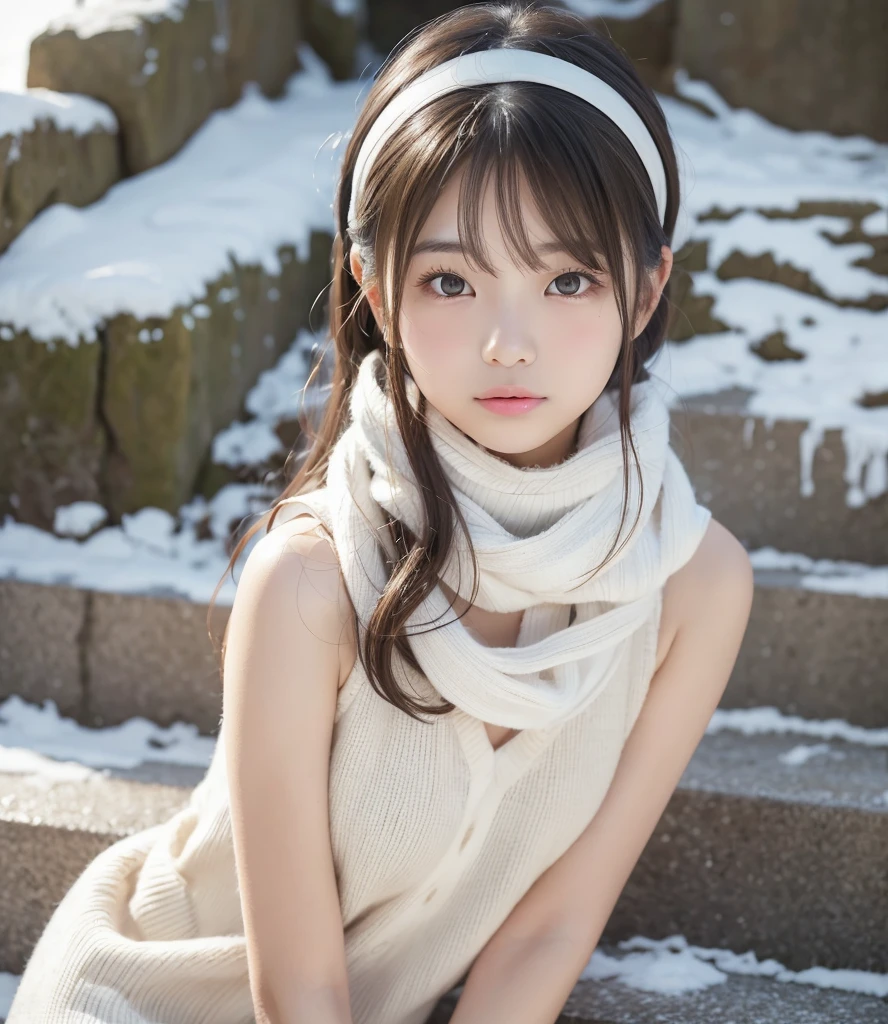   famous Japanese idol  ,  ****,  white sweater,  Rabbit Ears Headband , White scarf,    sleevelessセーター ,  sleeveless,   long brown hair , With bangs, White and beautiful skin,  very cute girl sticking out her tongue on the stairs ,  baby face ,Round face,  large droopy eyes  , Drooping eyebrows, slender,  nice soft, fluffy smiles, マイナス5℃のExtreme coldのスキーゲレンデ, I'm doing gravure photography while enduring the cold, Extreme cold,Bare Arms, My arms are exposed to the cold and I'm getting goose bumps , masterpiece,  , super high definition,  anatomically accurate , 16k,  RAW photos from the last century,   Realistic Skin Textures  ,  professional photos 