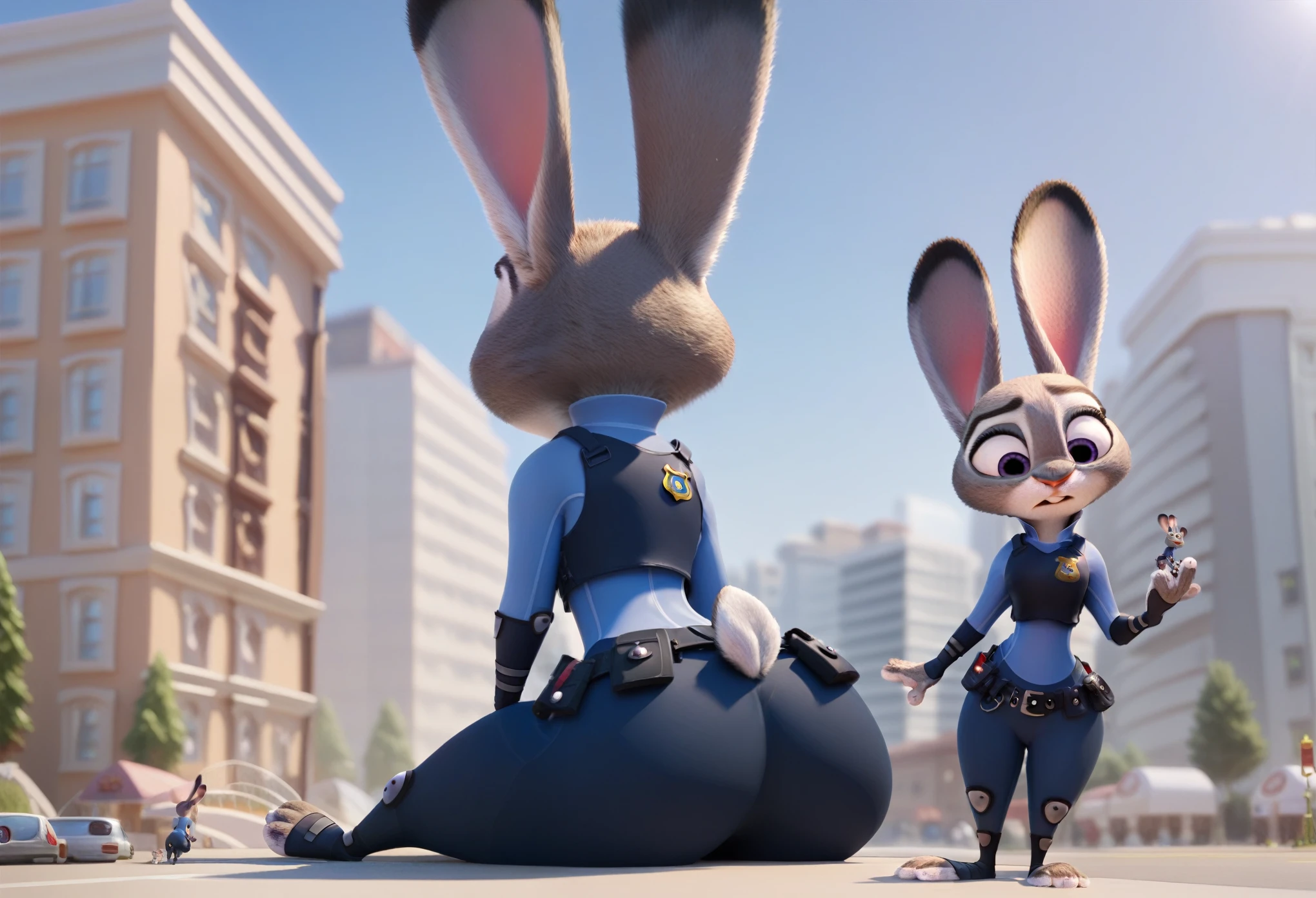 By disney pixar, 3d, duo, by qupostuv35,((Macro judy hopps, back, Wide hips)), ((female)), ((Police uniform pants)), judy's thighs, face sitting, full body, 