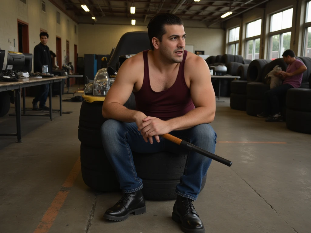 Egyptian man, 48 years old, slightly chubby and somewhat muscular, hair slicked back, mean and sadistic and condescending look, sublime and frightening figure, wooden baton, tank-top, jeans, leather-boots, sit at a desk in a dirty warehouse for car tires, person is seen at some distance, Detroit