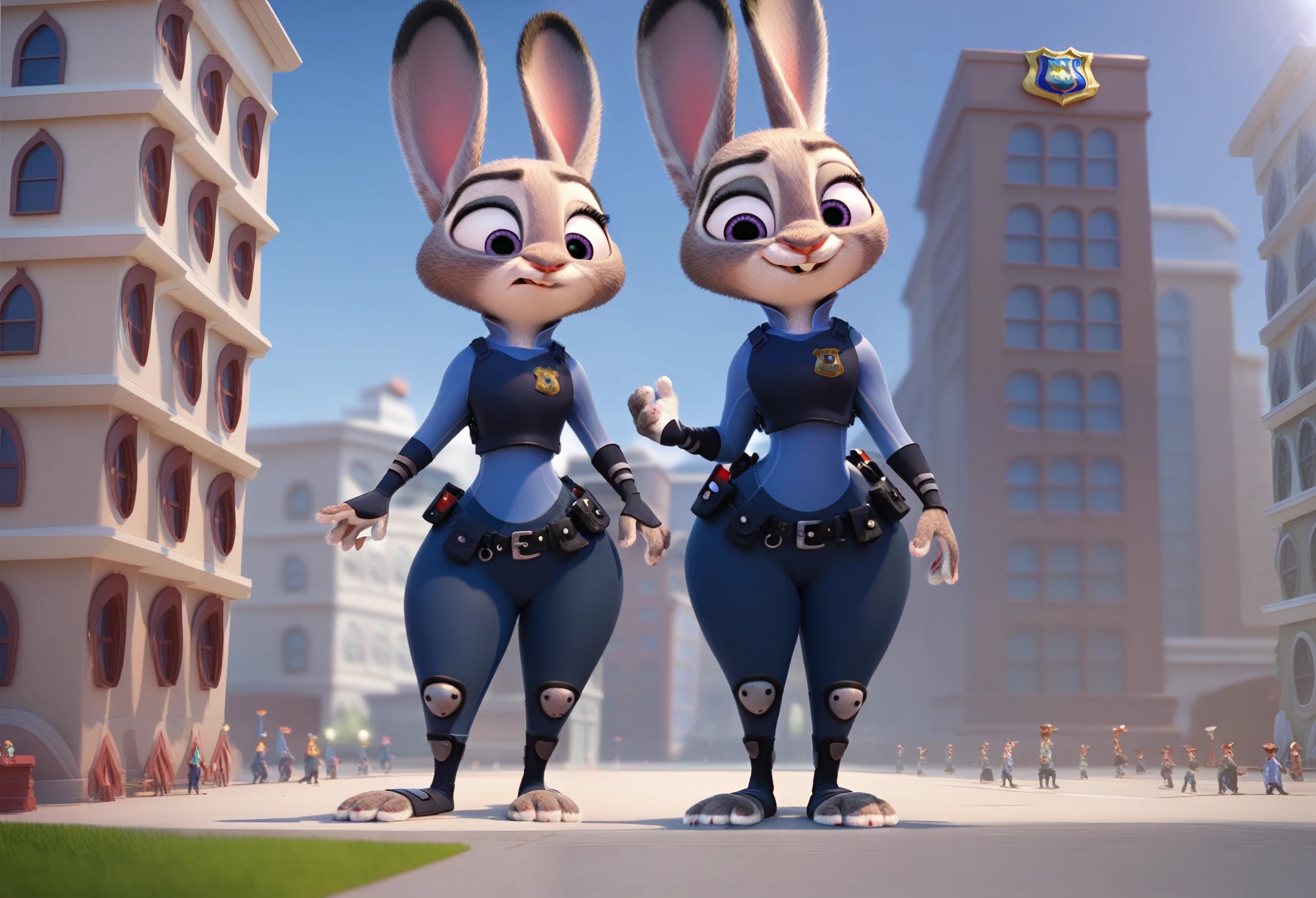 By disney pixar, 3d, duo, by qupostuv35,((Macro judy hopps, Wide hips)), ((female)), ((Police uniform)), judy's thighs,  full body, 