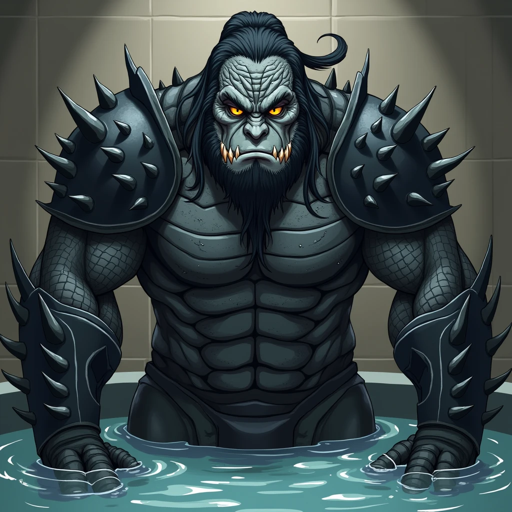 standing (((wearing torn white tanktop and towel))), white shower room, a beautiful and detailed portrait of a huge male feral godzilla, red eyes, glowing eyes, black body, black skin, black nipples, nipples, buff, tail, kenket, Ross Tran, ruan jia, trending on artstation, foxovh, cenematic lighting, vip, body, full body, big body, muscular anthro, big pecs, front view, low angle