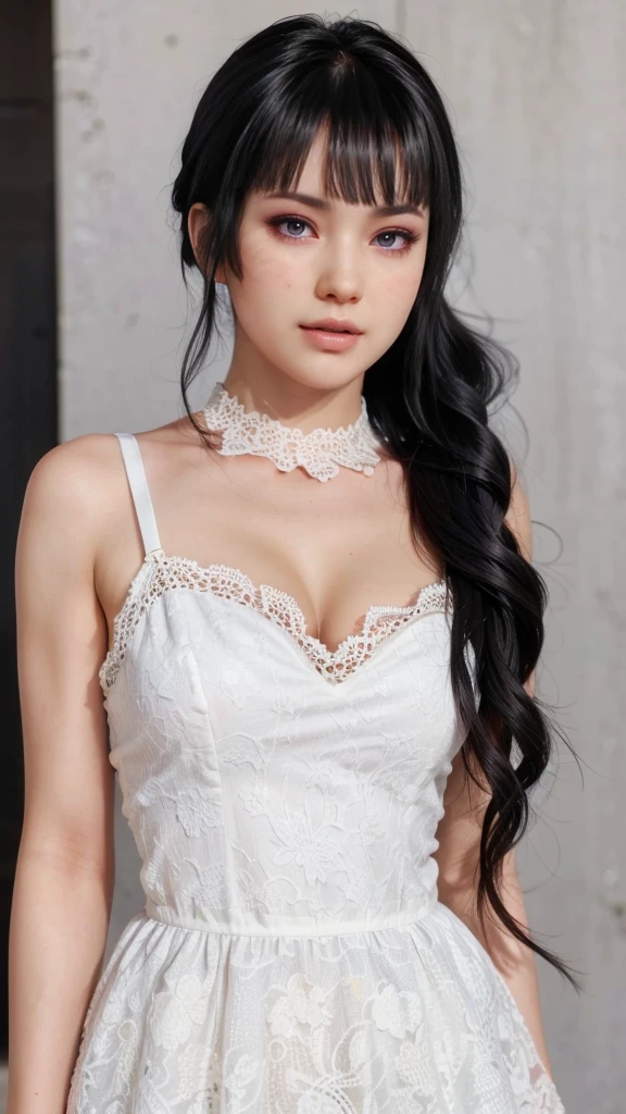best quality,masterpiece,extremely detailed,high res,4k,ultra high res,detailed shadow,ultra realistic,realistic,dramatic lighting,1girl,solo,detailed face,realistic eyes,realistic skin,white dress,purple hair,dynamic pose, white lace dress