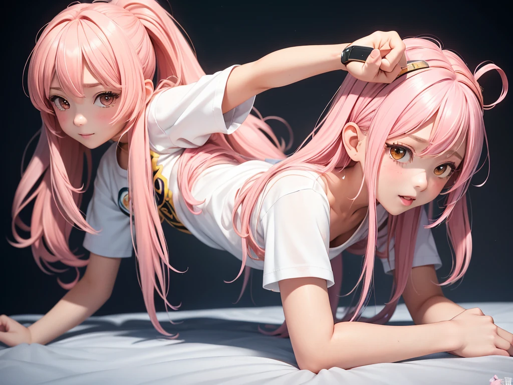 masterpiece, high quality, extremely detailed,
1girl,  1boy,  gyaru,pink hair, very long hair, twin drills, torn clothes, white shirt, 
doggystyle, top-down bottom-up, sex from behind,hold arms down,hold head down,grabbing, pressing,   
