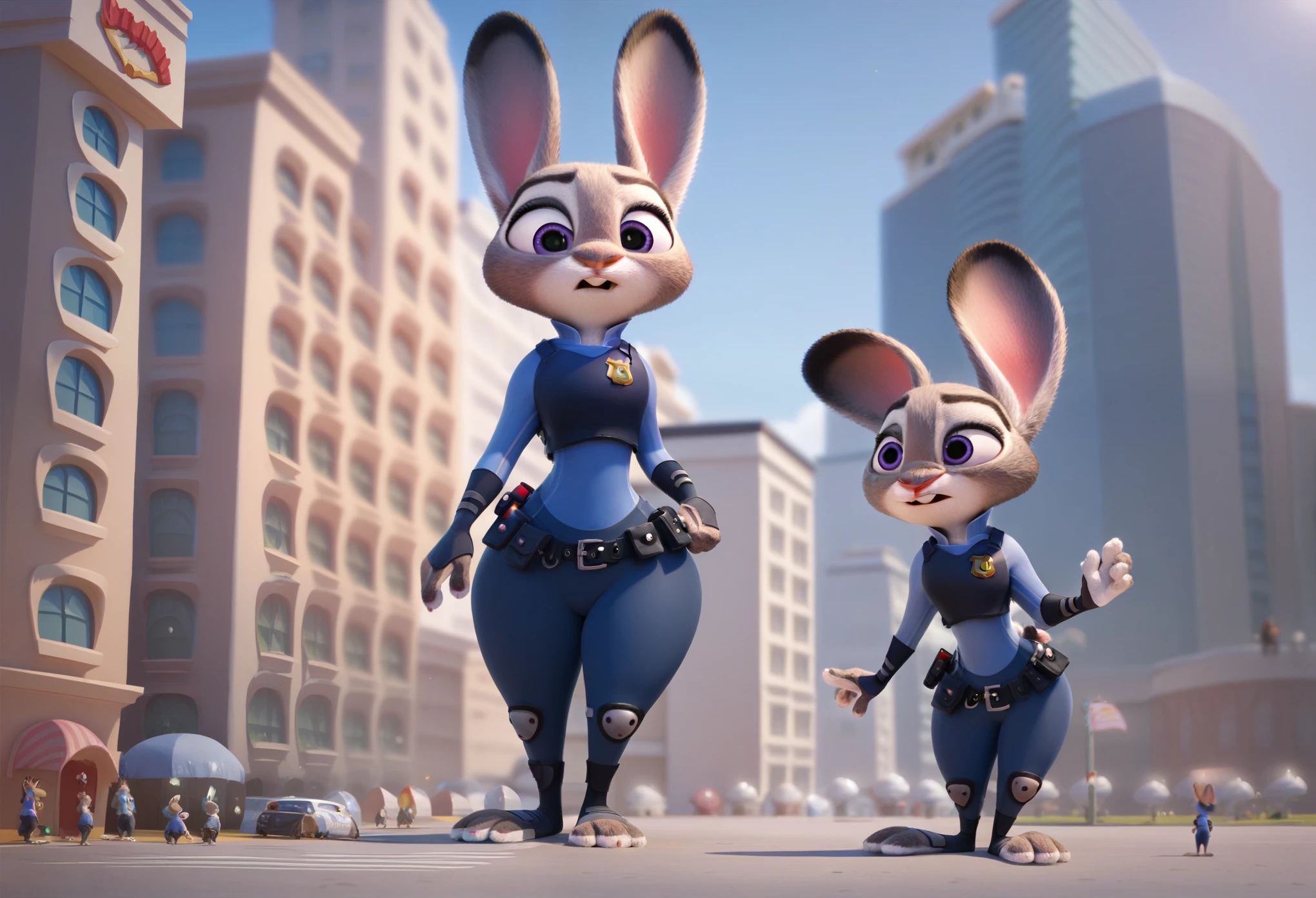 By disney pixar, 3d, duo, by qupostuv35,((Macro judy hopps, Wide hips)), ((female)), ((Police uniform)), judy's thighs,  full body, 