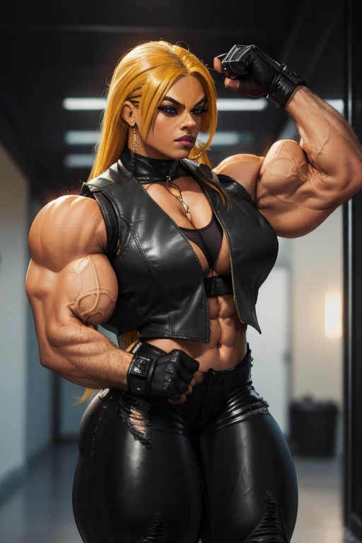((((Massive, beautiful, buff, light brown skinned muscular woman with yellow hair, black lipstick, ginormous bulky muscles, wearing a black gothic uniform with pleated gothic skirt)))), {close view}, massive muscle, massive biceps, hyper muscle shoulders, ginormous muscle arms, hyper muscle triceps, (long flowing hair), gray eyes, spiked choker, chain belt, black spiked boots, spiked gauntlets, fingerless gloves, (standing in a dark gothic schoolyard), evil smirk, night, red moon, red skies, hyper vascular arm, hyper muscles arms, hyper muscle legs, ginormous arms, close view