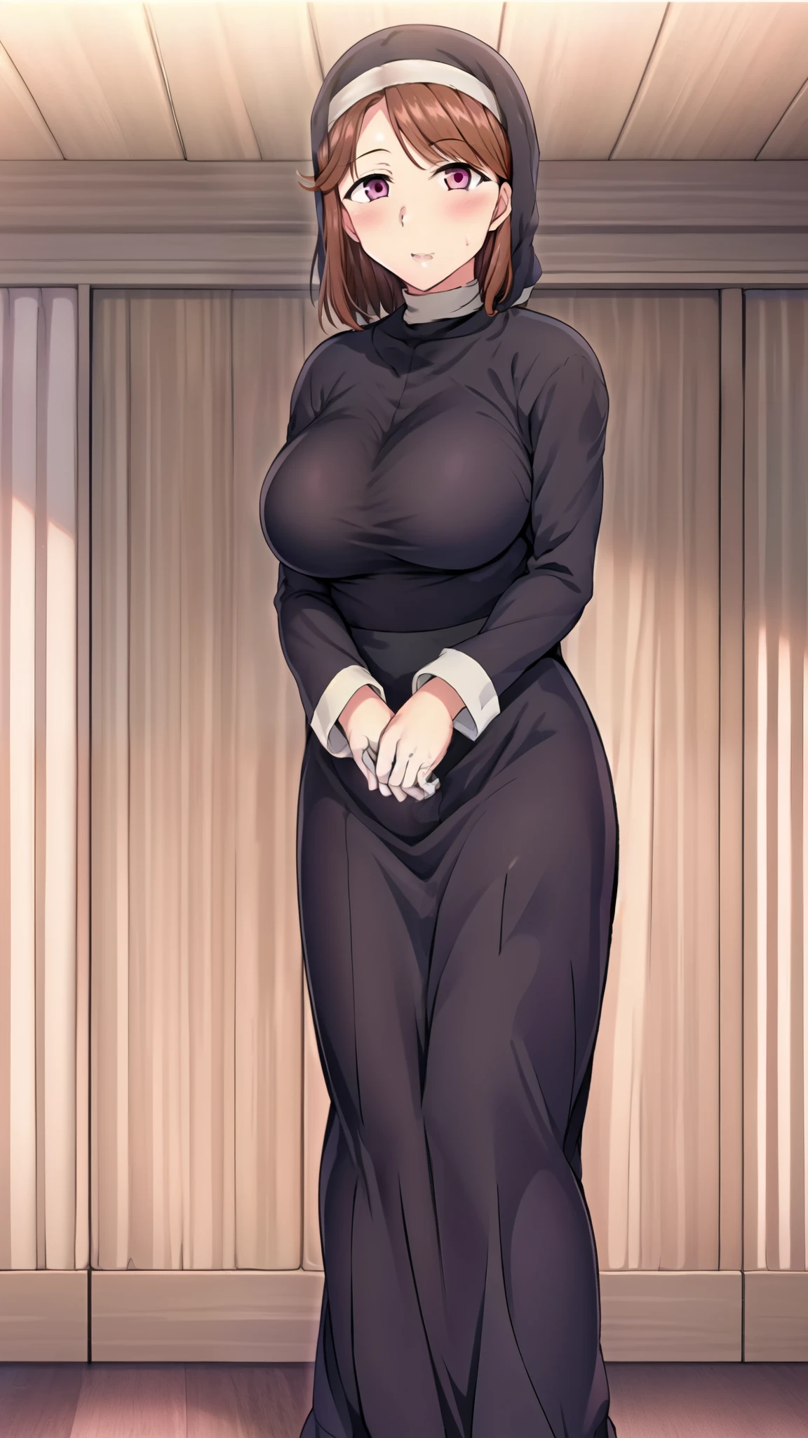 1girl, nun, habit, large breasts, gloves, long sleeves, dress, capelet, black dress, brown hair, pink eyes , medium hair, ,((parted bangs)), , standing , indoors, curtaind , looking at viewer
