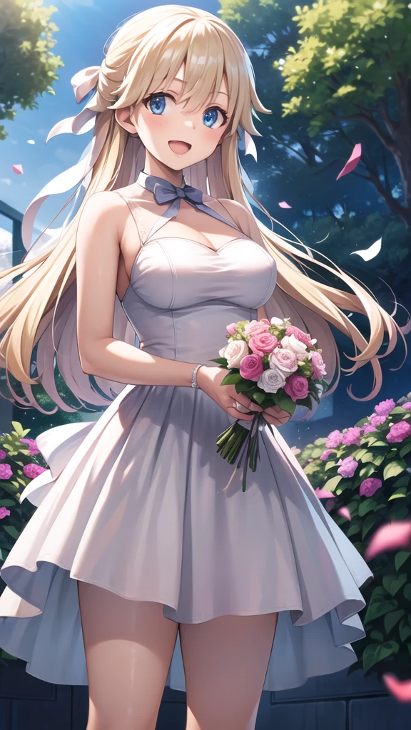 masterpiece, best quality, highres, 1girl, solo, long hair, blonde hair, hair ribbon, bangs, blue eyes, standing, cowboy shot, wedding dress, white dress, smile, open mouth, holding bouquet, garden, confetti,