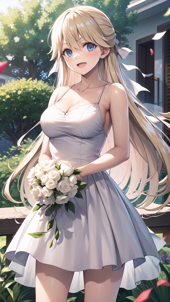 masterpiece, best quality, highres, 1girl, solo, long hair, blonde hair, hair ribbon, bangs, blue eyes, standing, cowboy shot, wedding dress, white dress, smile, open mouth, holding bouquet, garden, confetti,