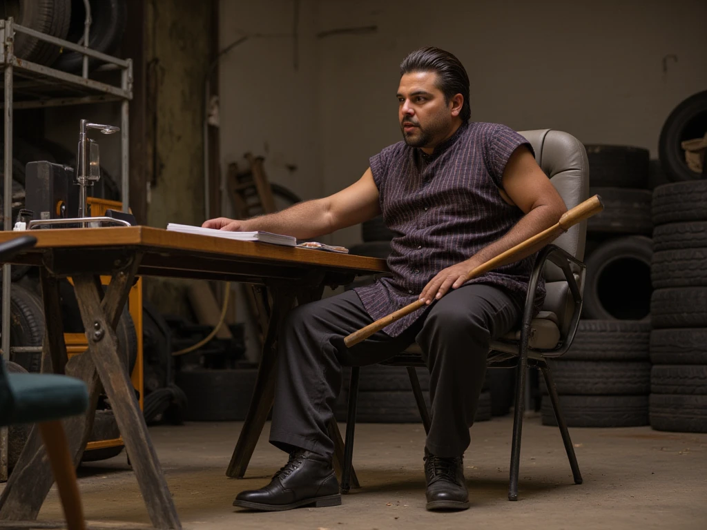 Egyptian man, 48 years old, slightly chubby and somewhat muscular, hair slicked back, mean and sadistic and condescending look, sublime and frightening figure, wooden baton, traditional Egypt clothes, leather-boots, sit at a desk in a dirty warehouse for car tires, person is seen direct and arrogant to the viwer, Detroit