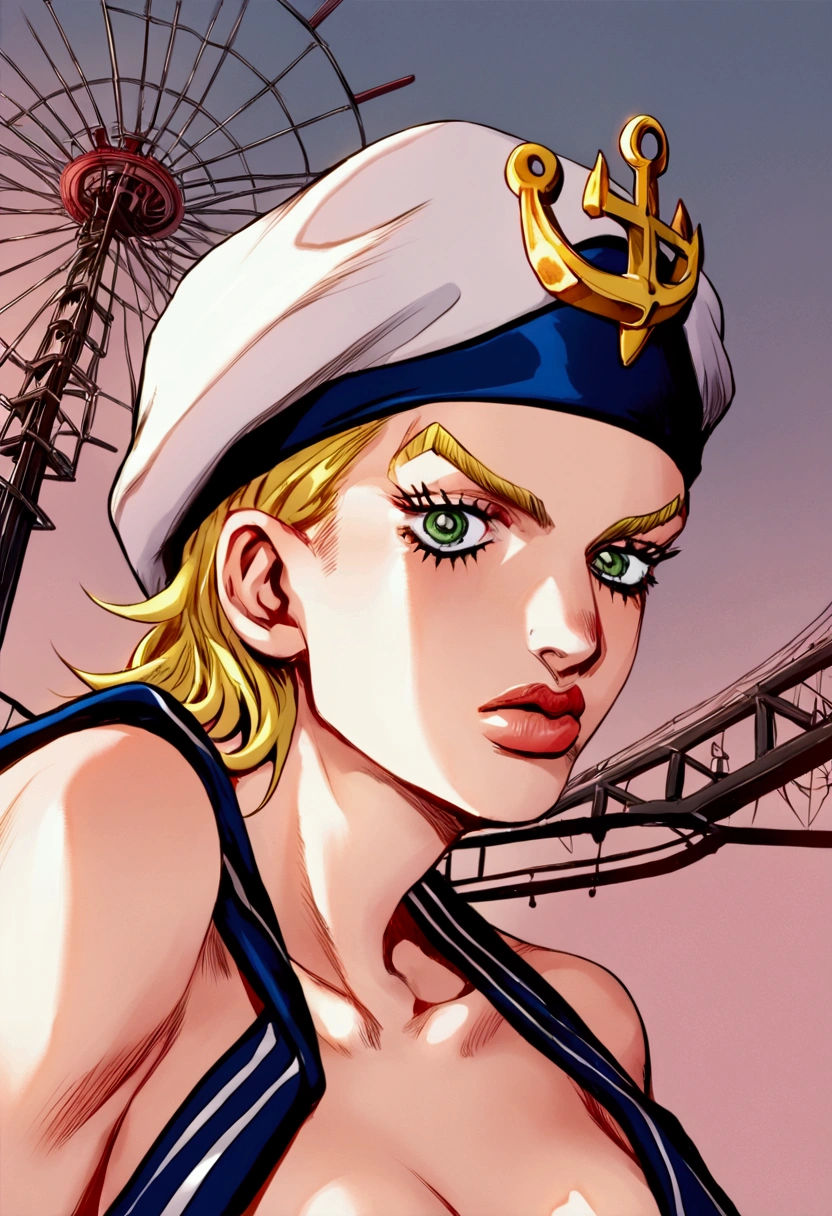 score_9, score_8_up, score_7_up, rating_explicit, source_anime,  General,
5girls,abstract background,anchor symbol,black hair,blonde hair,blue eyes,blue hair,comic,cover,cover page,doujin cover,ferris wheel,green eyes,hat,hood,multiple girls,red eyes,sailor hat,short hair, j0j0styl3, manga, comic, jojo bizarre adventure style 