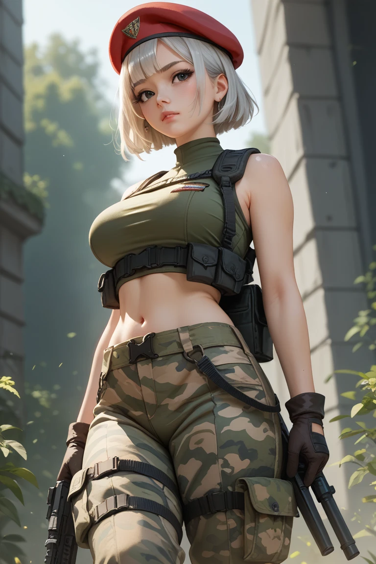 gwen tennyson,yorha 2b,lara croft,jill valentine,overwatch,tomb raider,close up,amazonian jungle ruins,tattoos,white and brown plugsuit,white short sleeve military top,short sleeve military hoodie,cargo micro shorts,military harness,uncovered belly,long punk hair,punk makeup,green eyes,multicolored silver hair, military gloves,sexy smile,freckles,beautiful girl,tall military boots,large breasts,8k,ultra detailed, realistic,fantasy art,military uniform,hair pin,ear piercings,aztec head and neck jewelry,(weather:windy),1girl,small backpack,running,
