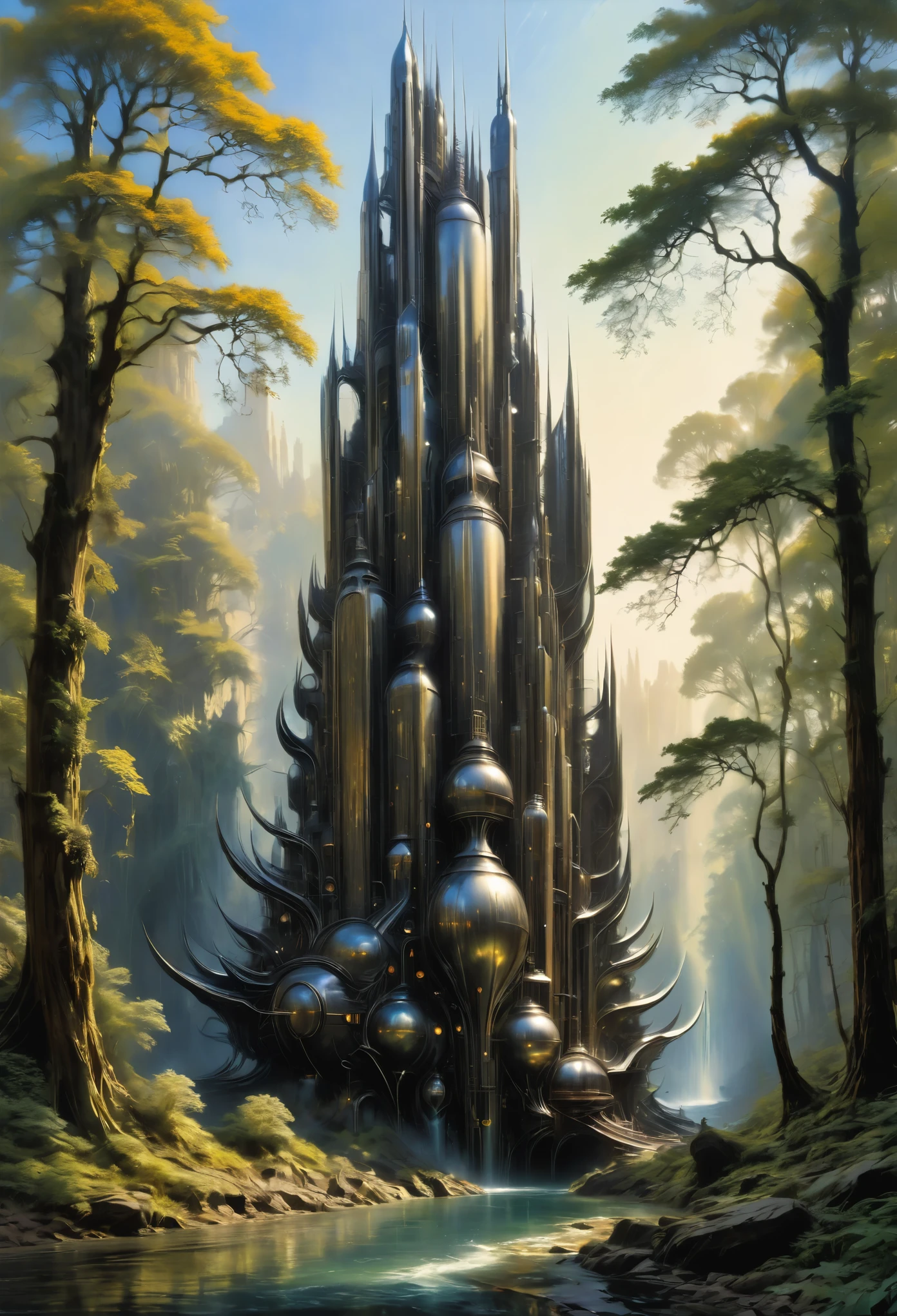 Airbrush drawing --v 5.1 style Futuristic design of an awesome sunny day environment concept art on a futuristic terrain with huge waterfalls,streams, mangroves,nature architecture, proportional,detailed,bright clouds, nature meets futuristic architecture by Santiago Calatrava and Vincent Callebaut with futuristic development, high rise made up staircases, balconies, full of composite glass facades, residential spaces carved from cliff side ,trending on artstation, beautiful lighting,In the style , fantasy, intricate, award winning, 4k, highest quality