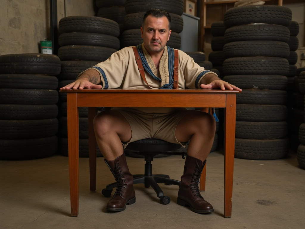 Egyptian man, 48 years old, traditional Egypt clothes, slightly chubby and somewhat muscular, hair slicked back, mean and sadistic and condescending look, sublime and frightening figure, brown leather-whip, leather-boots, sit at a desk in a dirty warehouse for car tires, person is seen direct and arrogant to the viewer, Detroit