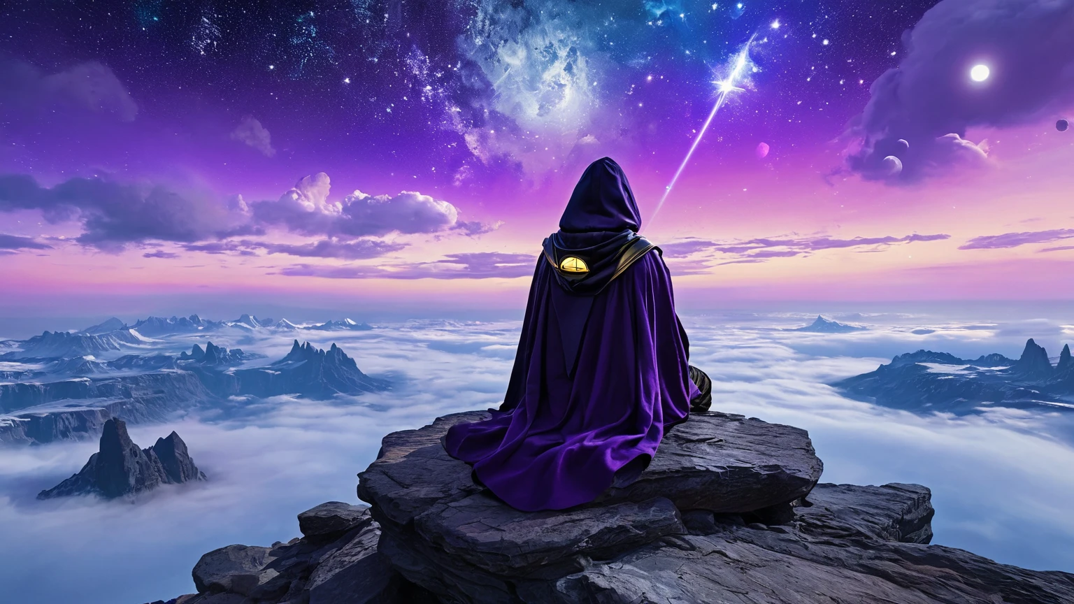 arcan3styl3v1, masterpiece, highcontrast, A jedi master with a ((yellow (old  ragged, cloak, hood, cape)) sitting on rock meditating, top of the mountain, clouds, top view,  star wars landscape.  cloth under the cape blue and purple, night time, space, stars, various moons, and planets, purple aurora boreal in the sky, no face, view his back from the sides, panoramic