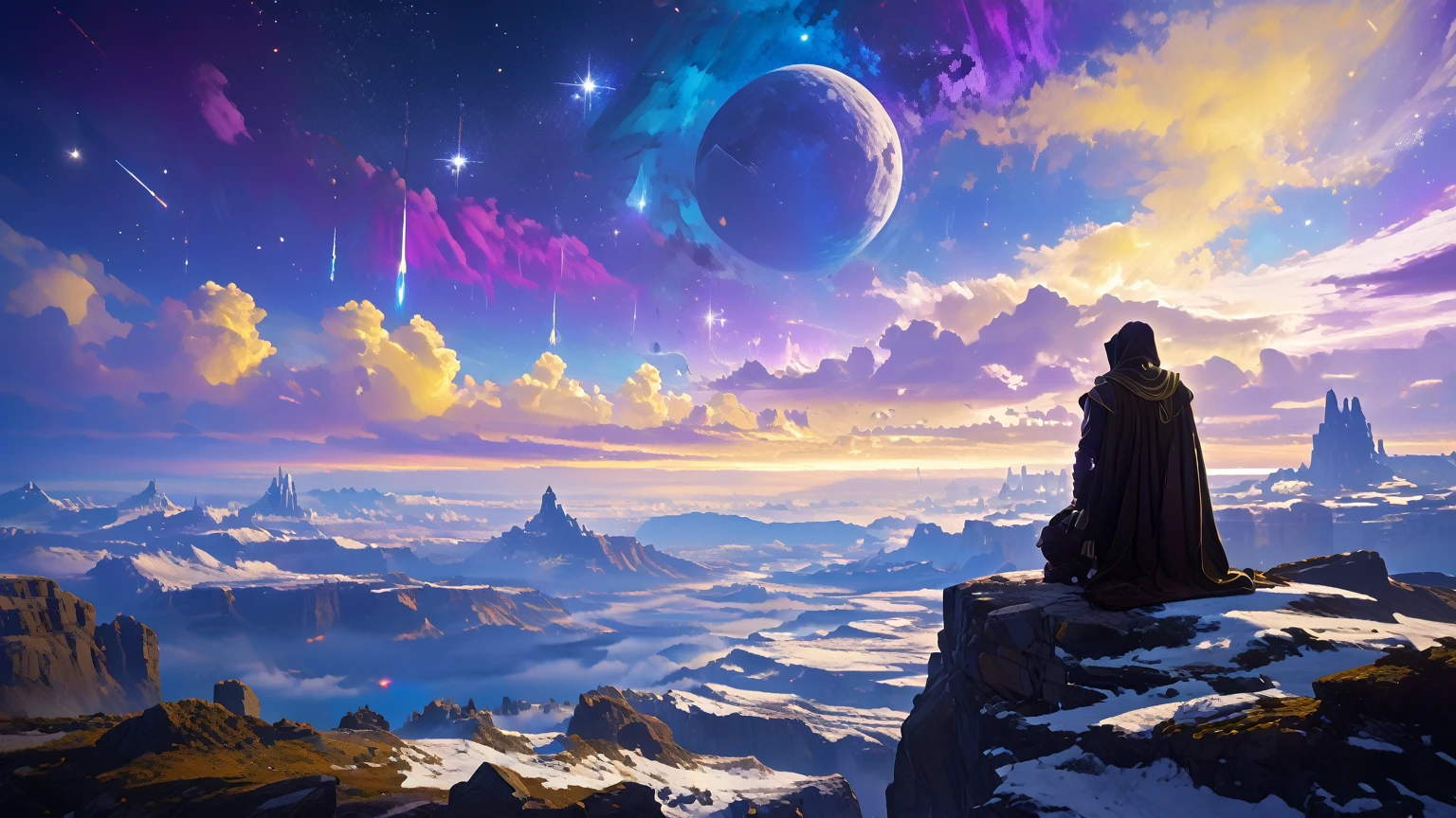 arcan3styl3v1, masterpiece, highcontrast, A jedi master with a ((yellow (old  ragged, cloak, hood, cape)) sitting on rock meditating, top of the mountain, clouds, top view,  star wars landscape.  yellow cloth under the cape blue and purple, night time, space, stars, various moons, and planets, purple aurora boreal in the sky, no face, view his back from the sides, panoramic