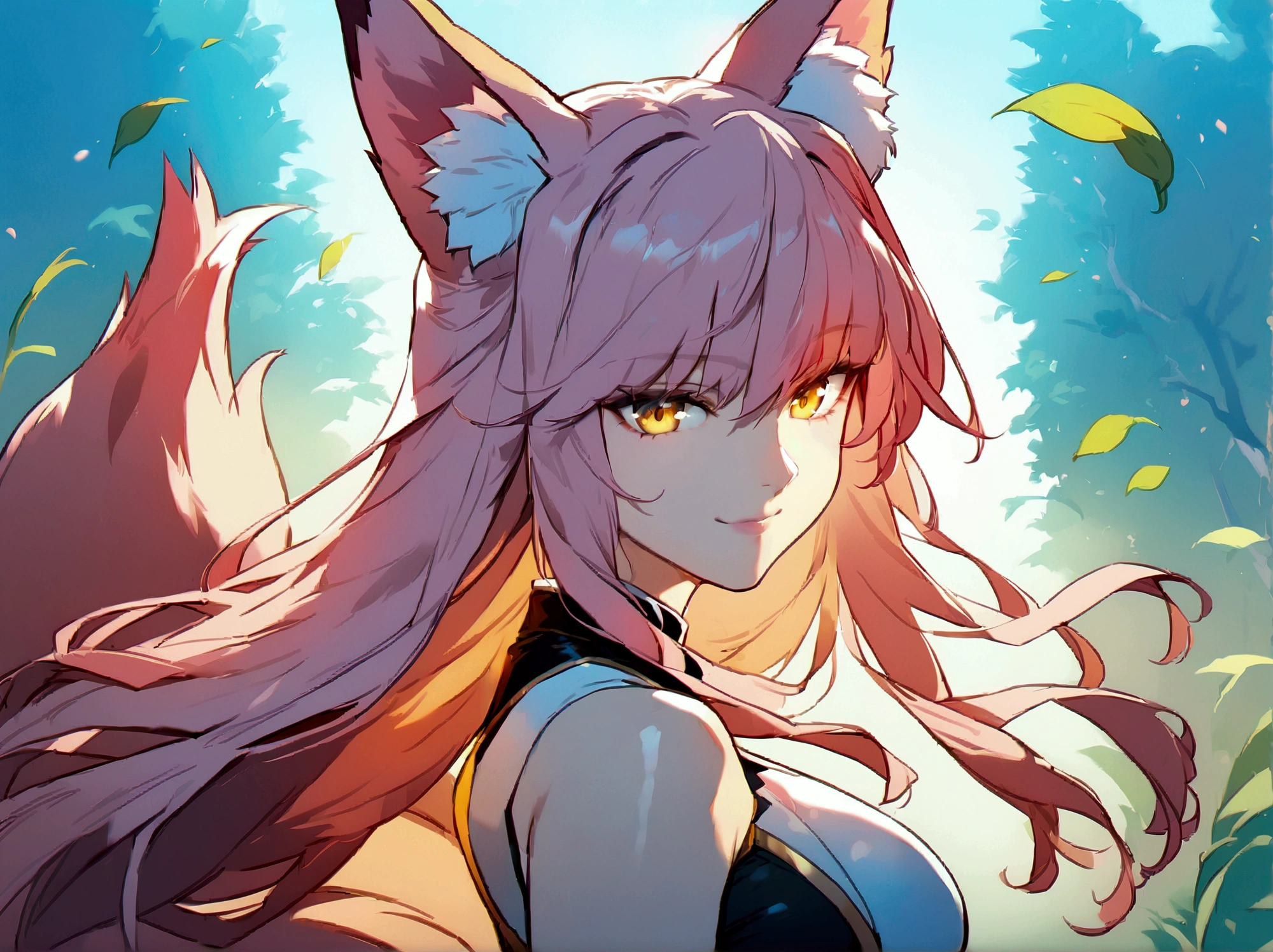 Anime fox woman, yellow eyes, pink hair, Long Hair, Smile, Bangs, High Resolution, Detail, Breasts, Fox Ears, basic background, full body shot