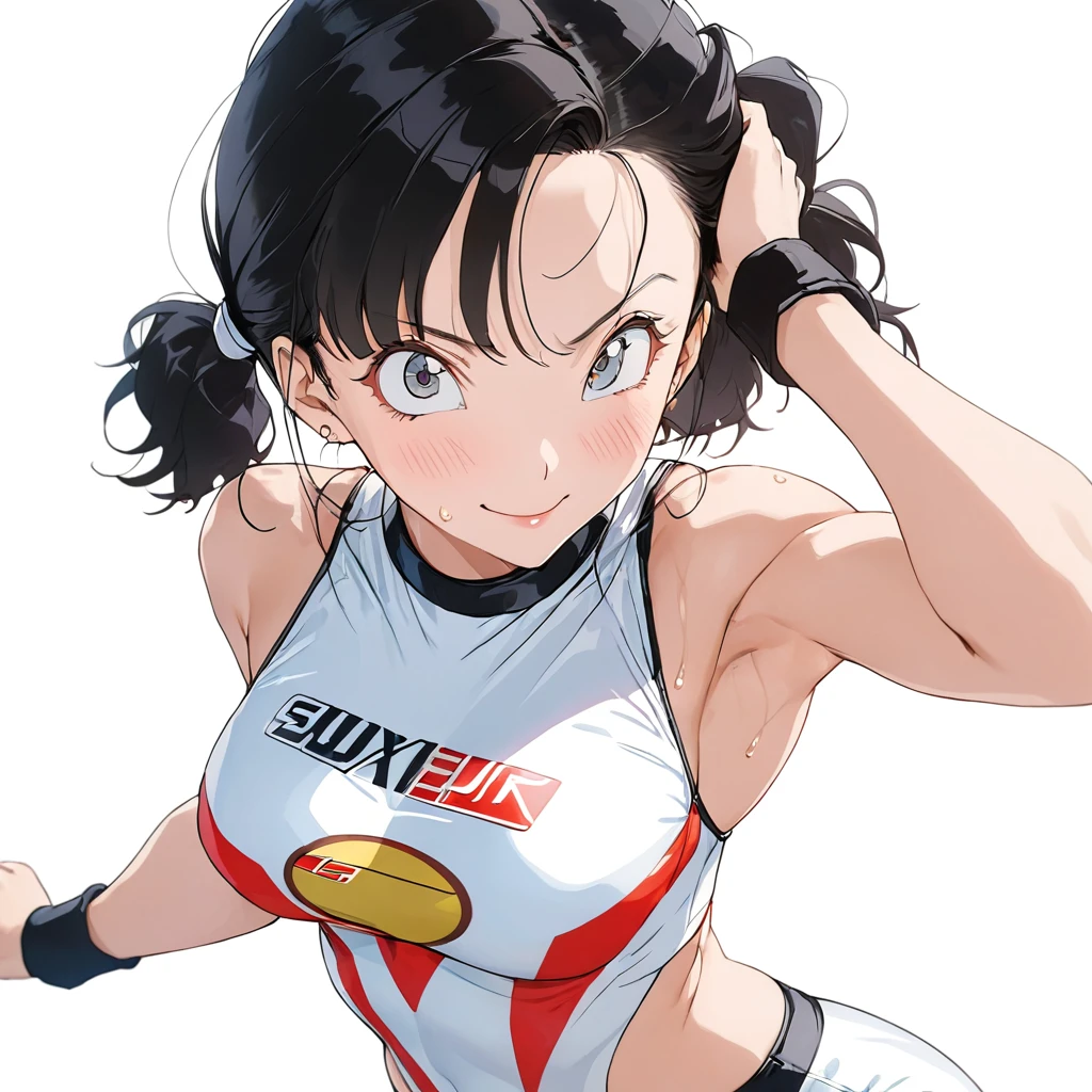 masterpiece, Best Quality, High resolution,16k,super detailed skin, (Videl),1990s \(style\),C cup beautiful breasts、height: 160cm,Sweating all over the body,athlete Muscular,sexy,1 girl,solo,Anime-style painting style,black short hair,low twintails hair,center parted swept bangs,forehead,boyish,Big eyes、Cool look,Pointed Eyes,(sexy racequeen costume:2.0),Muscular,1girl、BRAKE(ahegao:1.2),(Vulgar:1.2),(So stupid:1.1),(orgasm:1.2),happy,smile、Shy、Shyness,Cool look,blush,Anime-style painting style,(closeup),gigantic scale,A composition that shows the full body,cinematic lighting,Superfine,(simple white background:1.5)、(sexy:1.5),Gazing into the distance,, Captivating look, (Amazing views:1.1) ,dynamic angle,sexy pose,