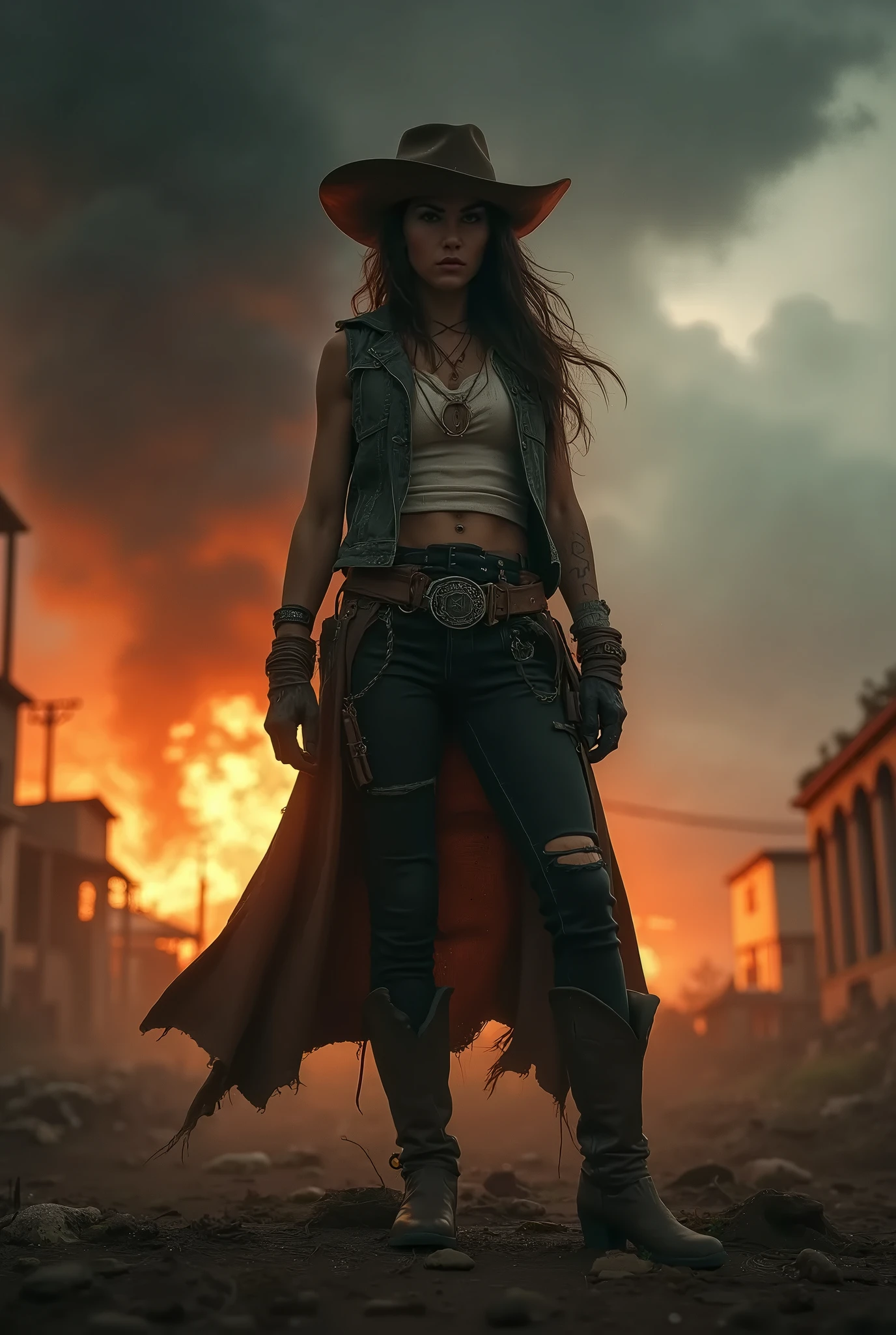 an attractive woman [gunslinger:bounty hunter:0.4] standing in a apocalyptic wilderness (weathercontrol style:1) <lora:djzWeatherControl_LB2:0.8>