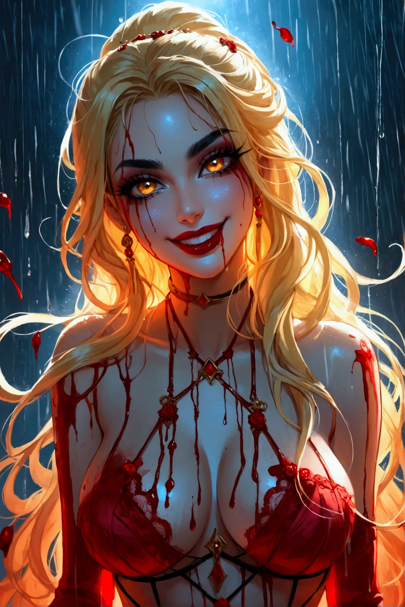 The concept is horror, bride, blood-stained white wedding dress, mouth to the ear, teeth are jagged like fangs,masterpiece,best quality,ultra-detailed, illustration, detailed light,an extremely delicate and beautiful,