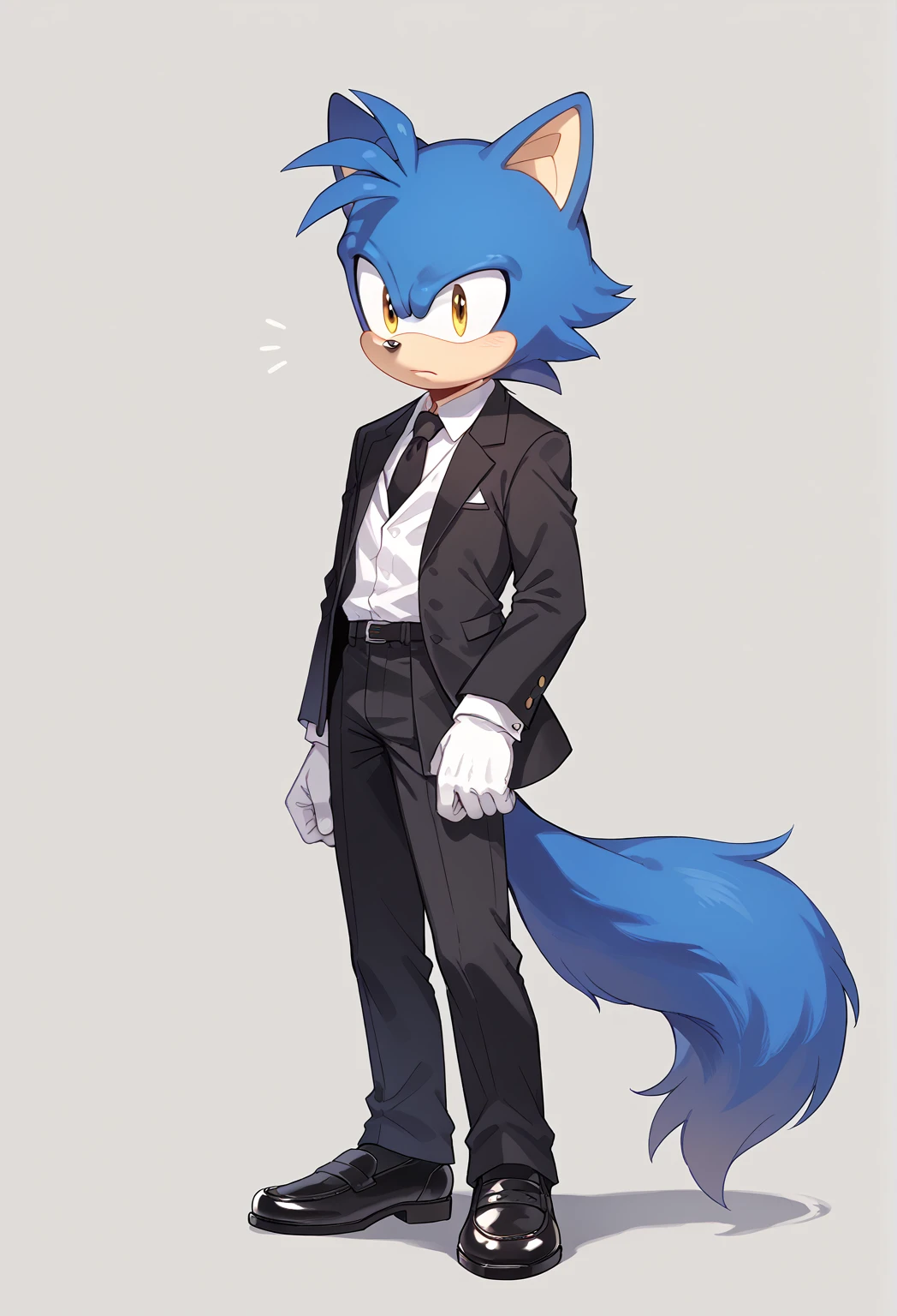 Male cat, ((Sonic character oc )), Male adult, (Navy Blue fur in all body ), ( Light White inner ears ), (Alone), ( Short hair ) , wears a Tuxedo, black jacket and pants, white shirt, black tie, black formal shoes, yellow Eyes, Day time, ((mobian)), (Fluffy Fur), Large Tail, fbi agent