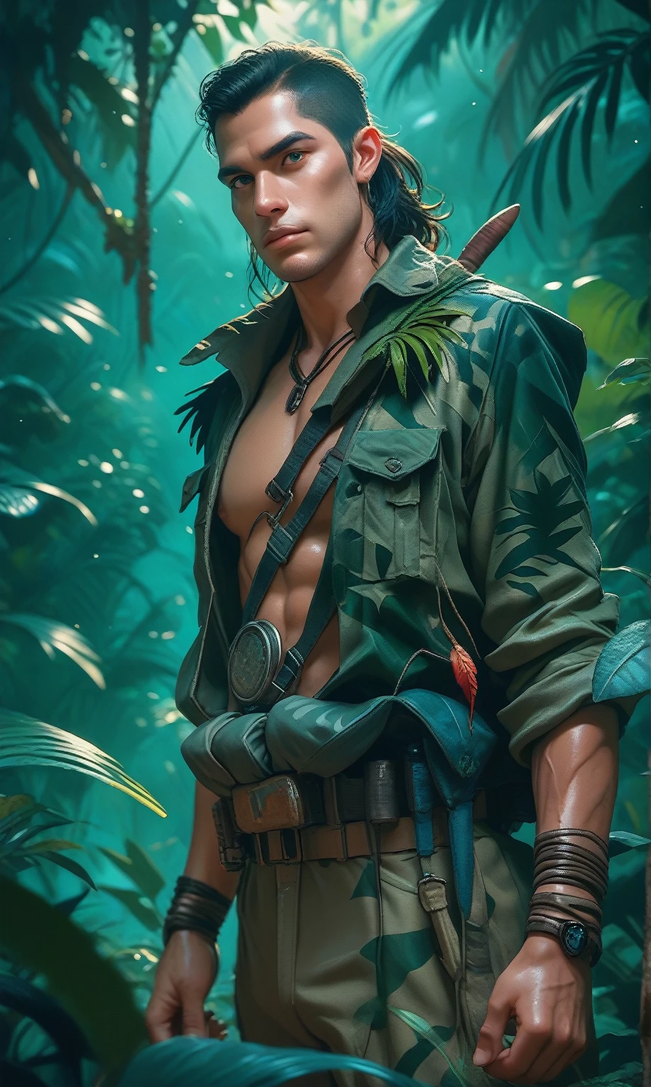 Commando standing in the middle of the jungle, night, flashes in the background, elements of  military style 