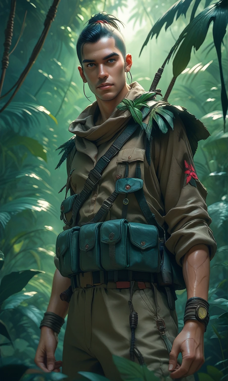 Commando standing in the middle of the jungle, night, flashes in the background, elements of  military style 