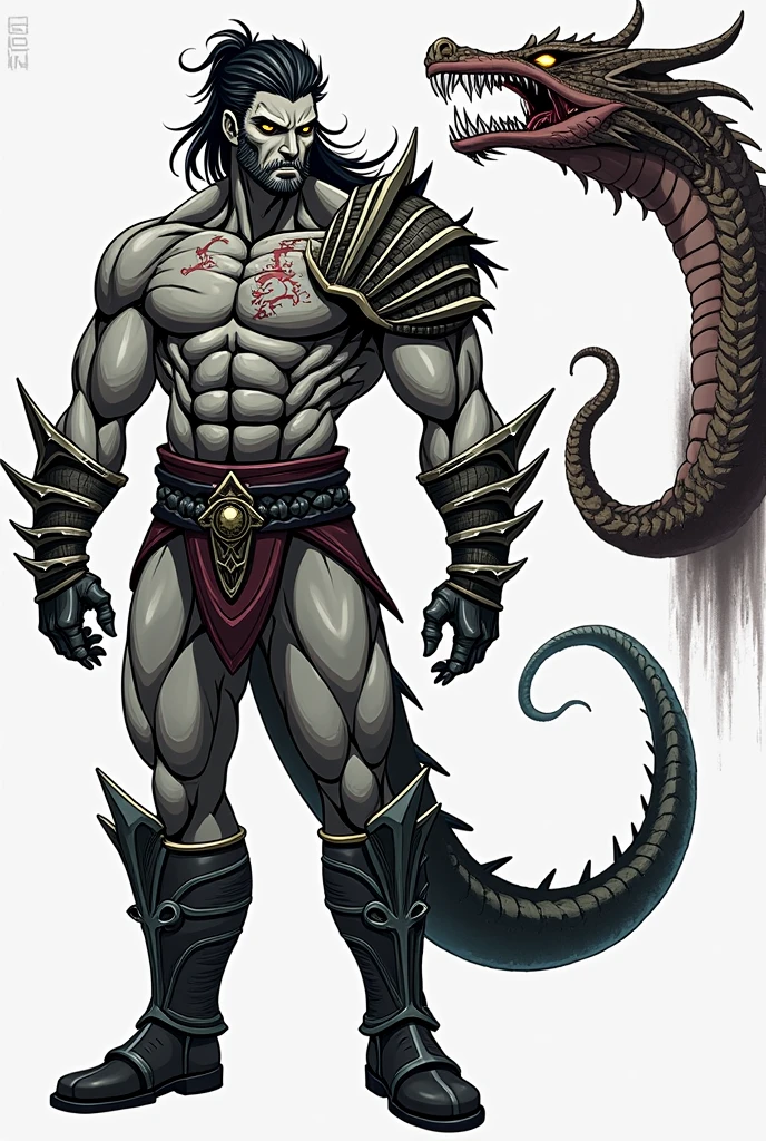 demond of  slaanesh monster with pinkish rough skin, a gigantic penis that it uses as a tail to snake, a very muscular male torso, and a lascivious face with large purple eyes.