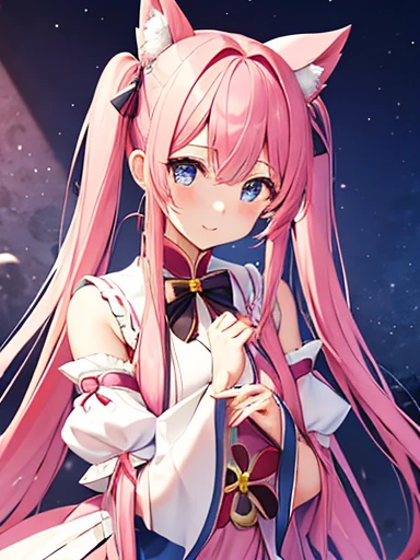  high quality，masterpiece。 A cute magical girl with very long pink hair ，Her hair is in long twin tails。 she顔と体を見る人の方を向いて直立します，Real identity。 her hands are empty ，Don&#39;t fold your hands。she背が高く見える，Her breasts are very large，Good style，she女性として完璧なプロポーションを持っている。sheかわいい顔で笑っている， Her eyes are both blue 。 clothes that don't reveal much of her chest ， The costume covers her chest ，Magical Girl Costumes， Outfit with gorgeous designs such as ribbons and frills ， The costume has a white and pink color scheme .，The skirt is a mini skirt， hands with long white gloves ，Long white socks on both legs 。she， Where you stand is in the city 。