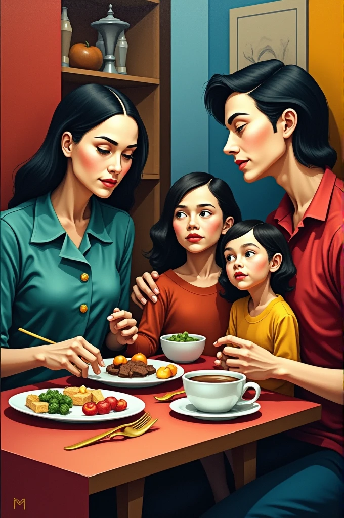 <lora:Alex Gross Style:1>Alex Gross Style - a realistic, 25-year-old, happy, attractive, 21st-century mom holding childrens' juice boxes, illustrated like a modern Norman Rockwell