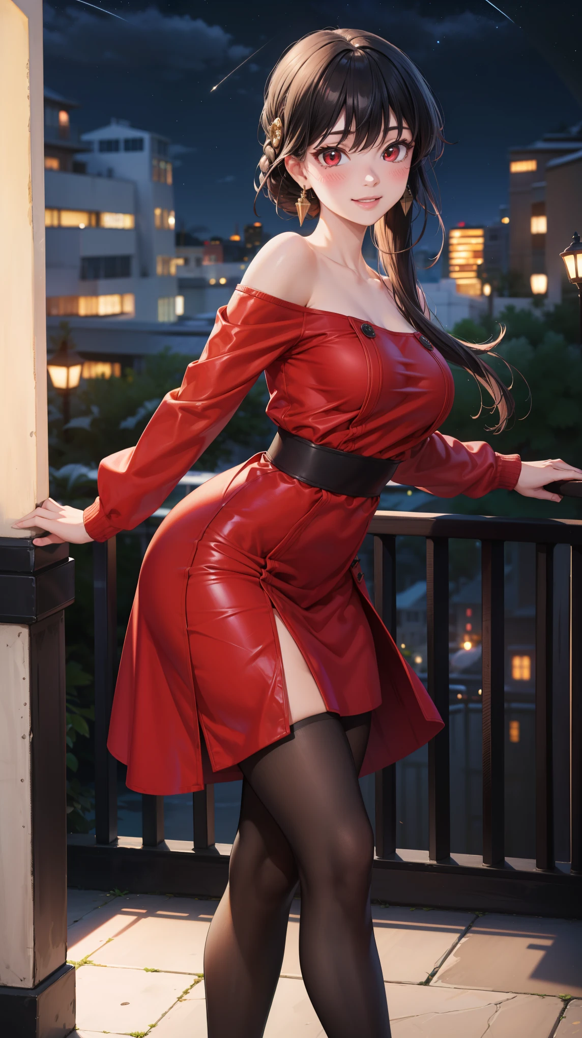 Masterpiece, ultra detail, high quality, 8k cg, blush, bright eyes, standing, outdoors, smile, (night:1.5), slim body, narrow waist, large breast,yor briar, long hair, black hair, red eyes, off shoulder, red sweater dress, pantyhose, earrings (escotada) (heels) (desnuda) ( exposed skin) ( shiny ceramic skin ,  pushed out of the background ,  front view , brightly illuminated , ultra realista)) obra maestra, La mejor calidad,