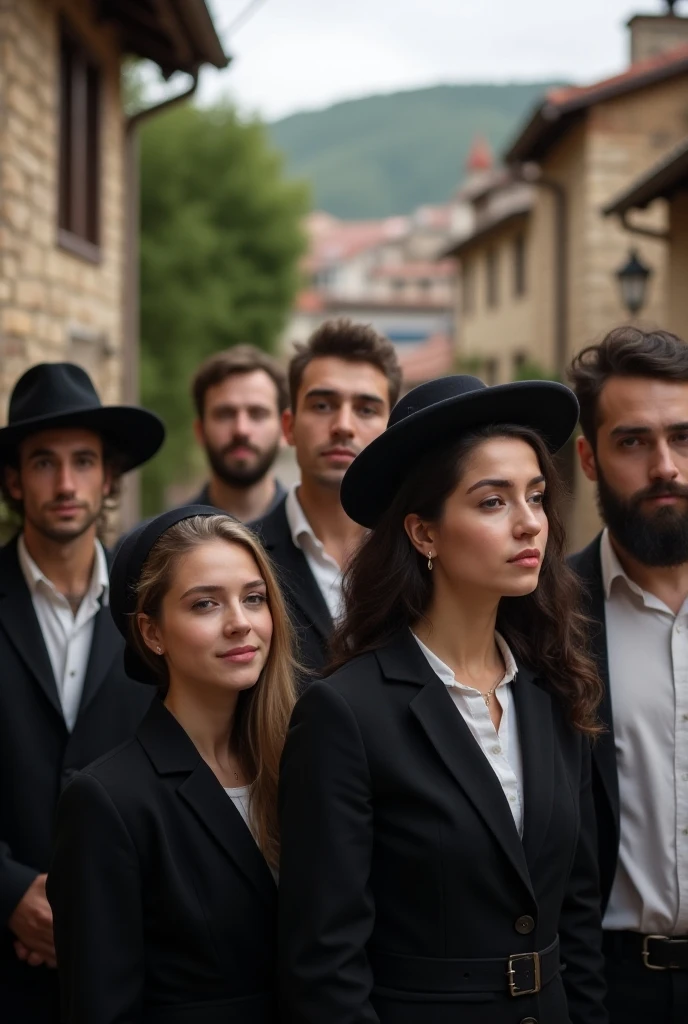 pessoas olhando pelas janelas das casas, a funeral procession passing in the small town