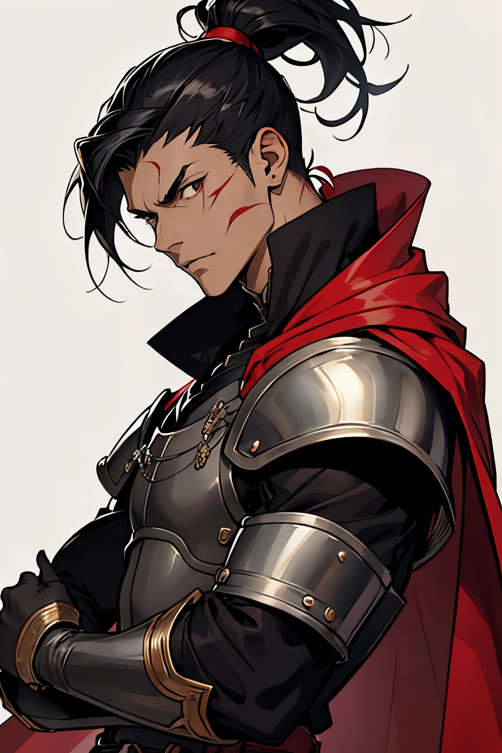 Black young man, Black hair, gojou satoru hairstyle, Medieval black armor with red details, White sword, Scars on face, serious face, in a castle, red cape