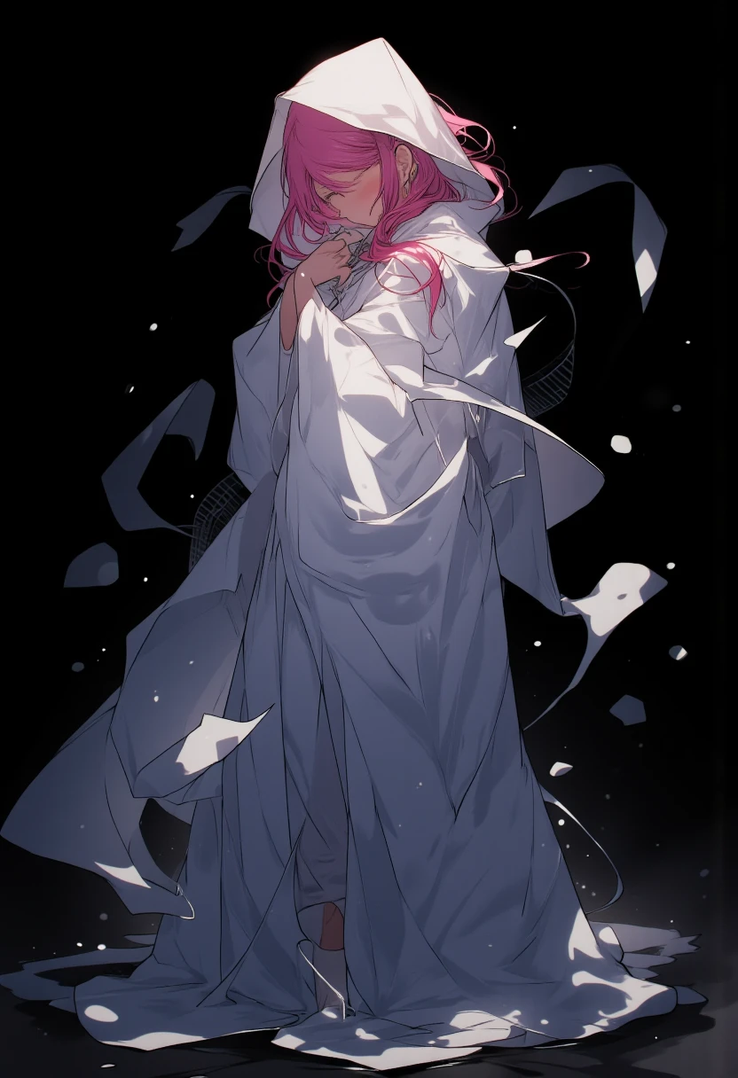 a woman;body wrapped in a long sheet from head to toe and one end loose in the air,  black background, short pink hair 