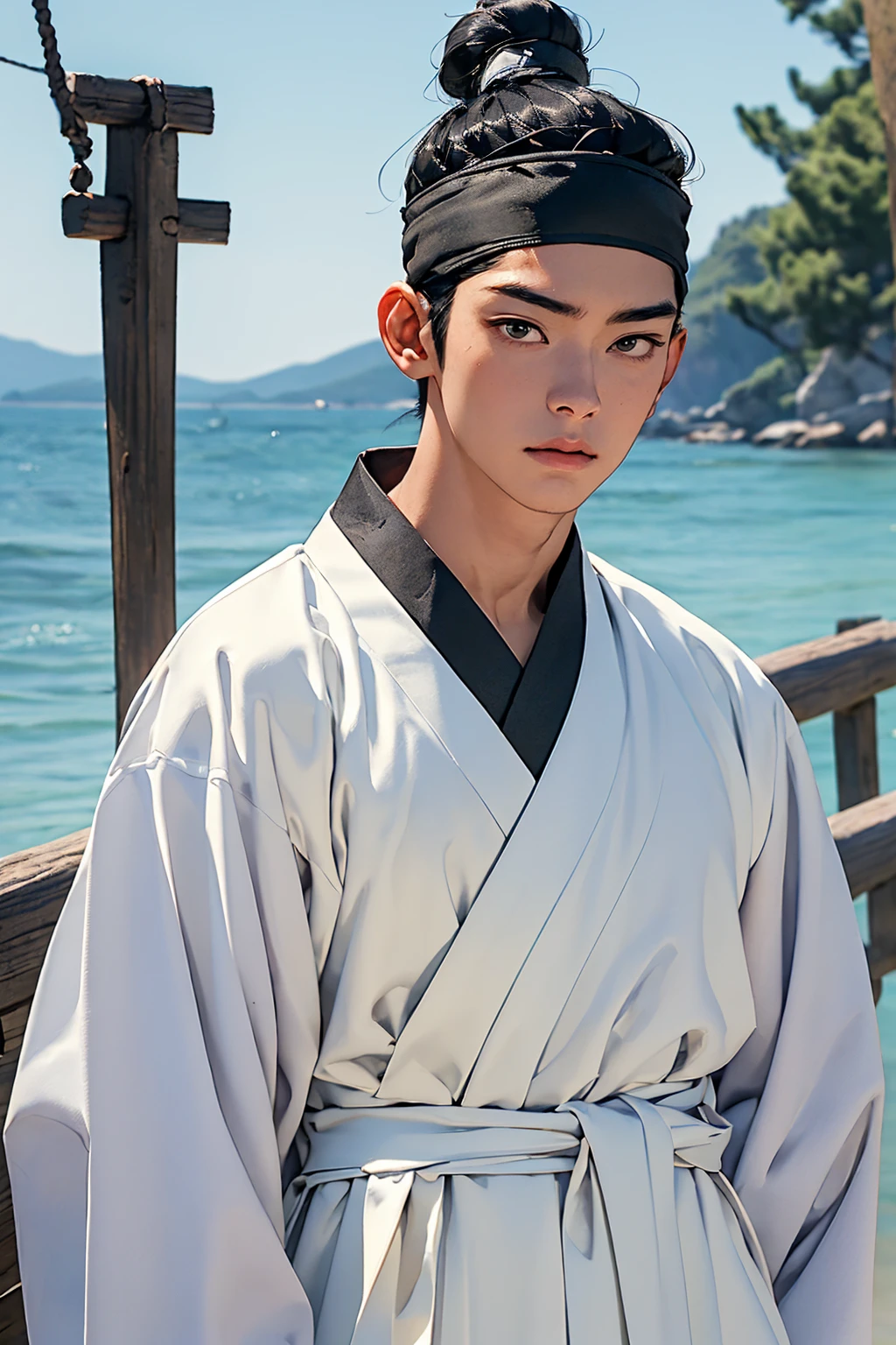 (absurdres, highres, masterpiece, best quality, ultra-realistic,ultra-detailed),(beautiful detailed face and eyes and hair:1.1),handsome,asian man,tall and muscular,black hair,black eyes,datailed face,topknot,see-through headband,white hanbok,sad,upper body, sea background