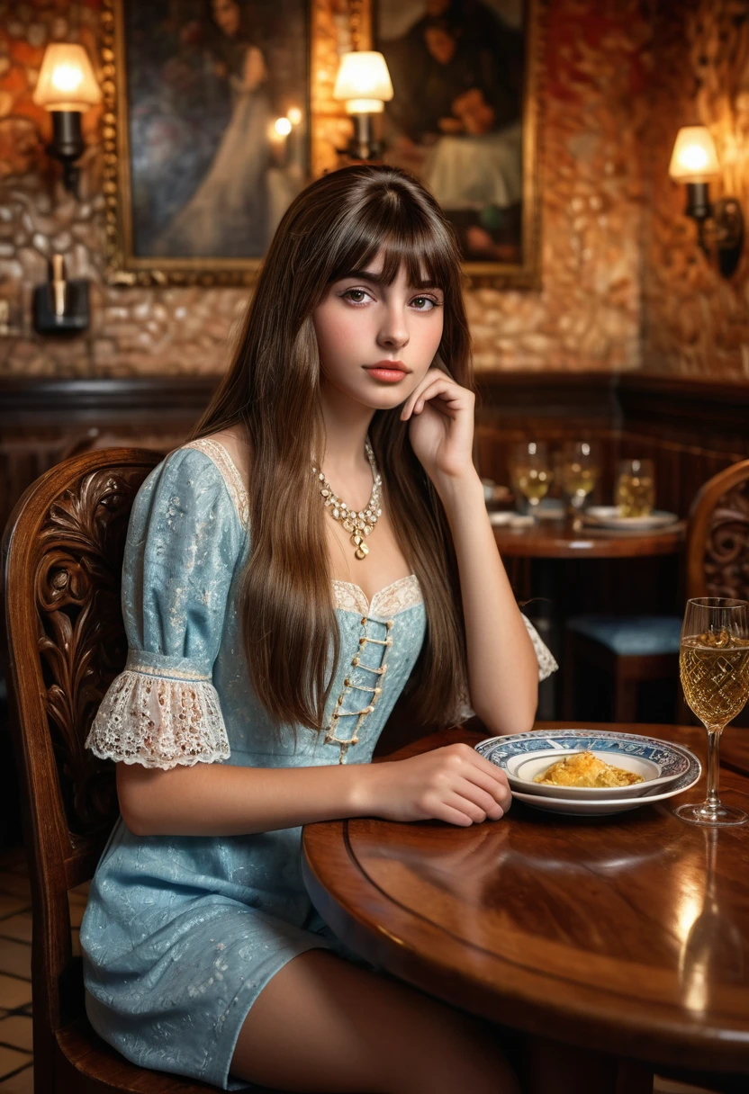 Highly detailed portrait of an 14-year-old Italian woman with long brown bangs, captivating, romantic gaze, full length, cleavage,long legs,sitting in an authentic Italian restaurant. (High quality, 4k, 8k, high-res, masterpiece:1.2), ultra-detailed, (realistic, photorealistic:1.37). Extremely detailed face with beautiful eyes and lips, long eyelashes, porcelain skin, elegant expression, lush brown hair. Warm lighting, cozy atmosphere, ornate decor, tiled floor, wooden furniture, candlelight, intricate details.
