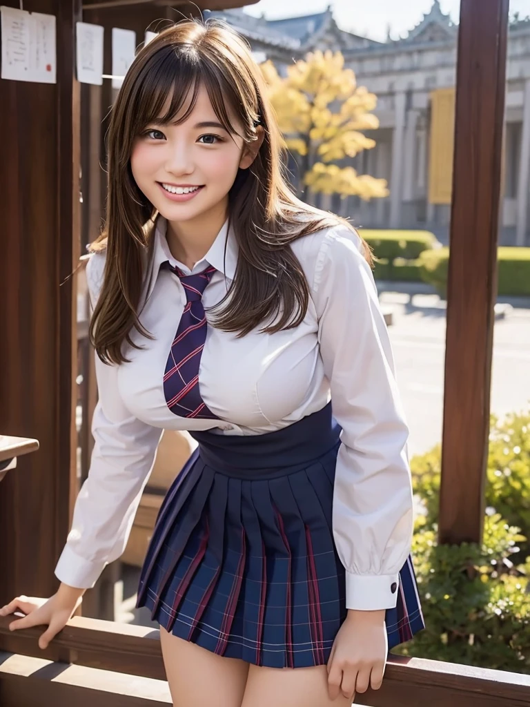 high quality, 最high quality, Realistic, RAW Photos, Realistic, Ultra-realistic 8K CG, Super detailed, High resolution, masterpiece, 1 Japanese girl, 18-year-old, Beautiful face of a woman, Soft Face, elegant, Long Hair, blue eyes, Intricate details, Detailed Texture, Fine details , Natural female body, sexy, Super big breasts、Very beautiful young woman、smiling、JK uniform、Ultra mini skirt、Full body shot down to the feet、On the way to take off the skirt