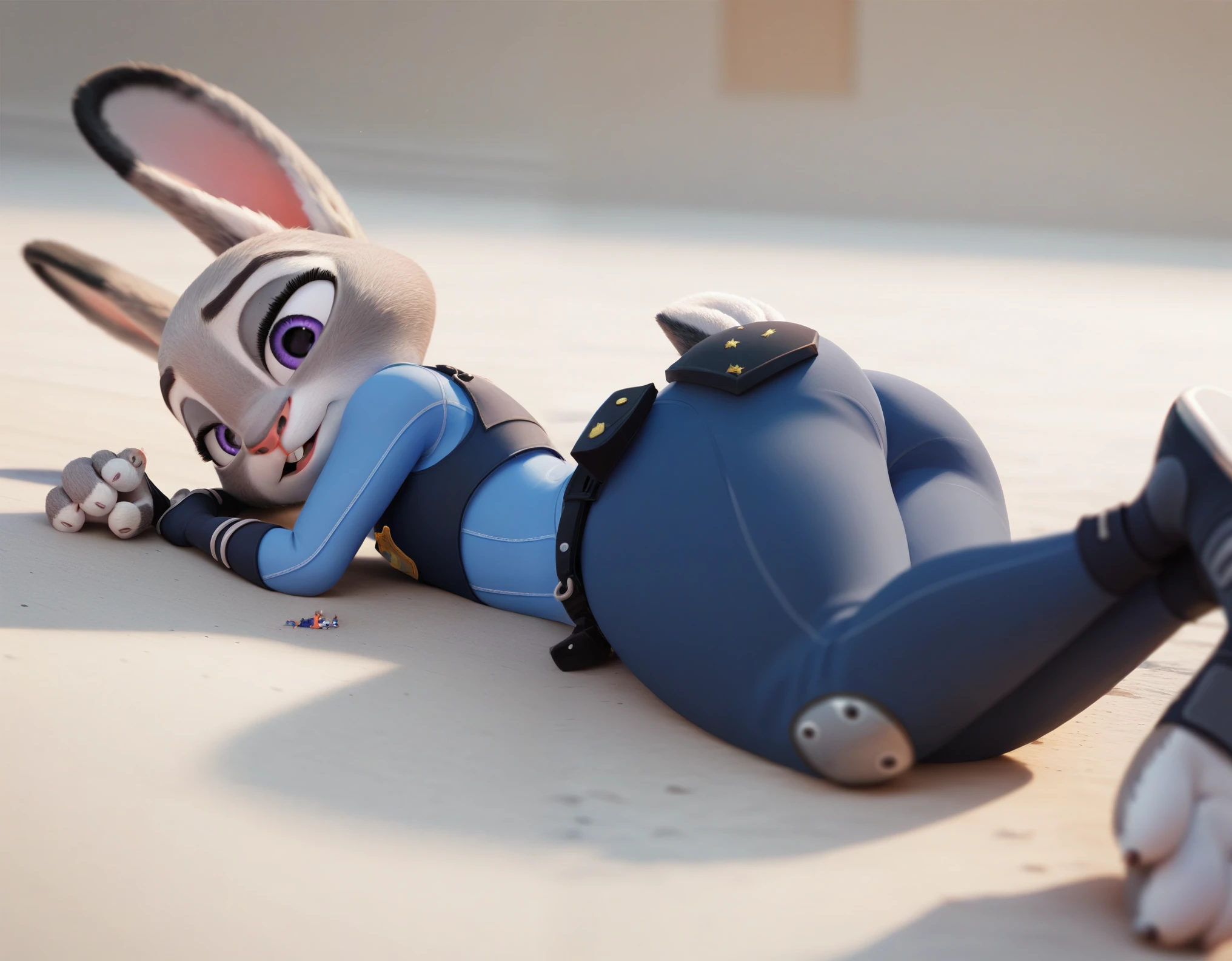 By disney pixar, 3d, duo, by qupostuv35, macro, ((judy hopps)), female, zootopia, ((Police uniform)), thigh crushing, (break, (micro fox head between Judy's thighs))