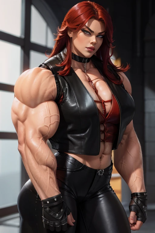 ((Close-up)), tall, (red hair), beautiful muscular asian woman, long hair, white skinned, closed smile, large breast, (black lipstick), (massive muscles), (hyper muscle), (((ginormous bulky muscles))), yellow eyes, (((Wearing leather vest, V-Neck Inner Shirt, and Black Tight Pants:1.3))), (((pants))), (fingerless gloves), (necktie), boots, in a hallway, 