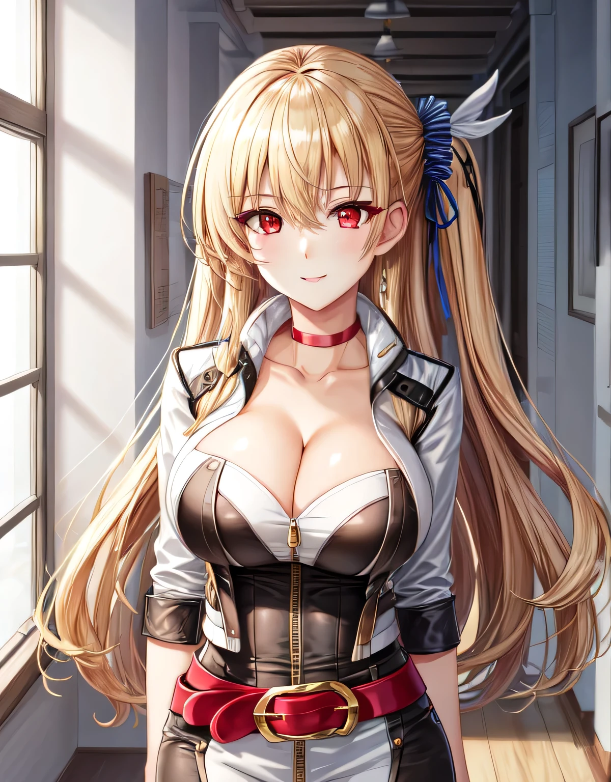 alisa reinford,side ponytail,sen3alisa,scrunchie,choker,white jacket,white dress,red belt,indoor room,light smile,(large breasts:1.55),shiny,hair,((solo)),((masterpiece)),((best quality)),perfect anatomy,slim waist,perfect image,8k UHD,(beautiful detailed eyes:1.5),extremely detailed face,standing,(upper body:1.2),(look at the front:1.5),arms behindback,ultra-detailed,absurdres,ultra-highres,(shiny hair),(red eyes:1.1),(blonde hair),cleavage,