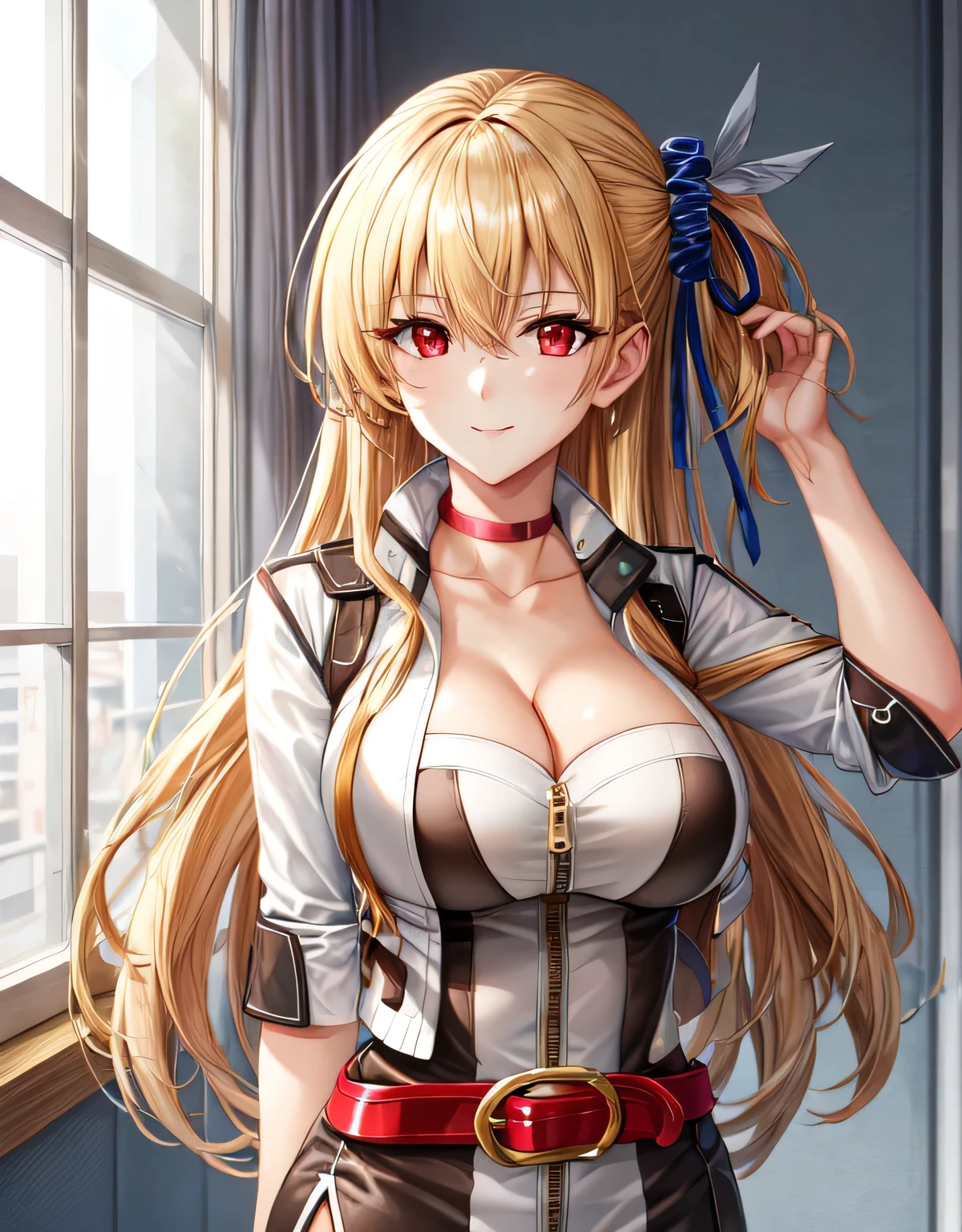 alisa reinford,side ponytail,sen3alisa,scrunchie,choker,white jacket,white dress,red belt,indoor room,light smile,(large breasts:1.55),shiny,hair,((solo)),((masterpiece)),((best quality)),perfect anatomy,slim waist,perfect image,8k UHD,(beautiful detailed eyes:1.5),extremely detailed face,standing,(upper body:1.2),(look at the front:1.5),arms behindback,ultra-detailed,absurdres,ultra-highres,(shiny hair),(red eyes:1.1),(blonde hair),cleavage,