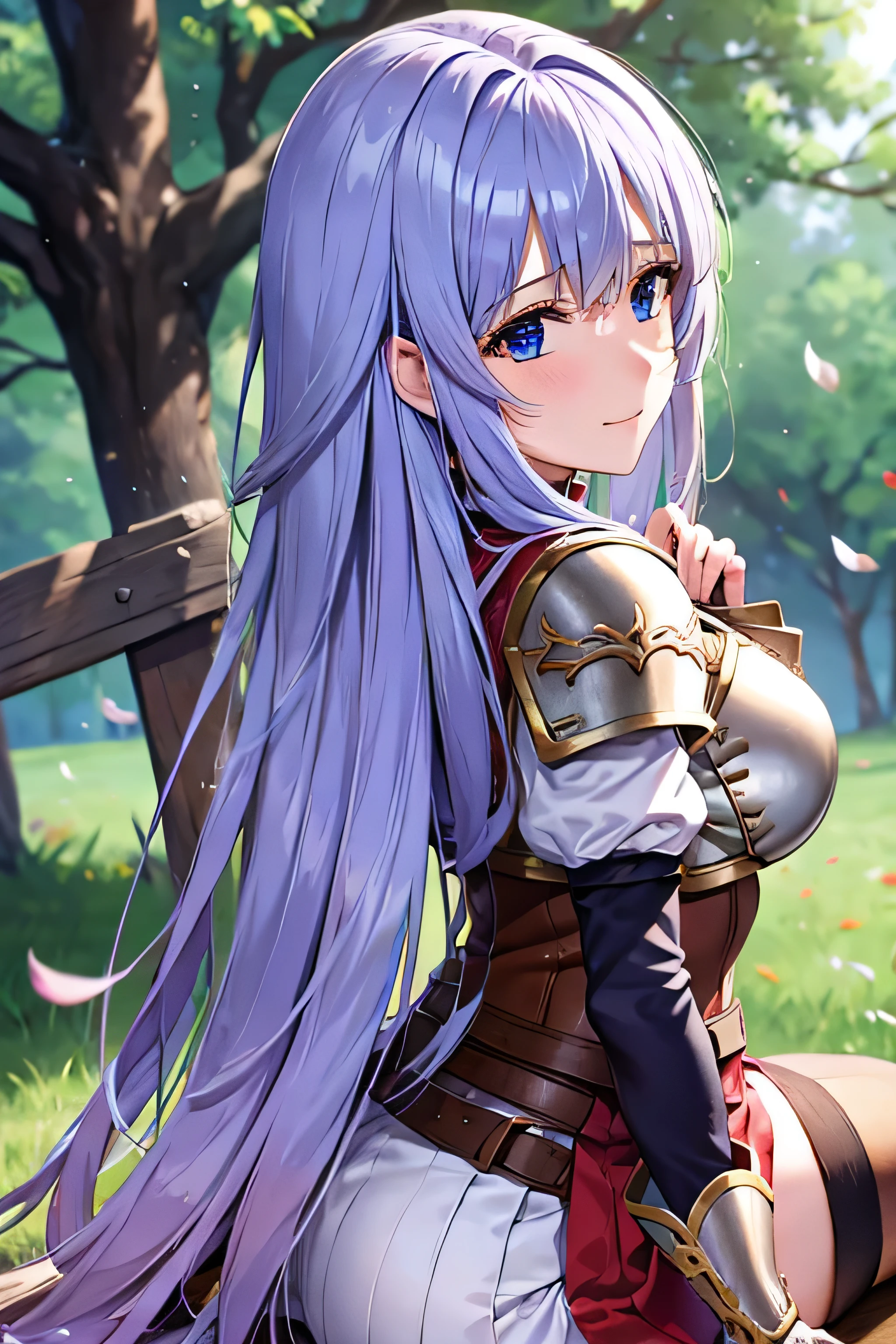 (top-quality, 8k, masterpiece,   best image quality, ,  Super Details, , (  Delicate Smooth Skin  ,  realistic skin ,   perfect and beautiful face ,Perfect and pretty face,  High Detail Skin , Perfect body)),  1 girl , armor ,  Asfocus  ,  blue eyes ,、 ,(( Embarrassing Shy Laugh , )), Fingerless gloves , Arm guard、 shoulder armor  ,  , Long Blue Hair , 、 ,  medium chest  , Pegasus Knight Uniform ( Fire Emblem ) , red and white flare skirt、 Alone , I have a Pegasus Knight sword、Castle Inner Garden 、 stick my butt out、 lean forward、 Mitsuba , , Massacre ( Fire Emblem )