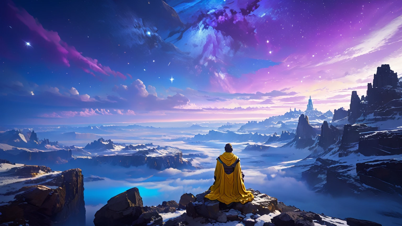 arcan3styl3v1, masterpiece, highcontrast, A jedi master with a ((yellow (old  ragged, cloak, hood, cape)) sitting on rock meditating, top of the mountain, clouds, top view,  star wars landscape.  yellow cloth under the cape blue and purple, night time, space, stars, various moons, and planets, purple aurora boreal in the sky, no face, view his back from the sides, panoramic