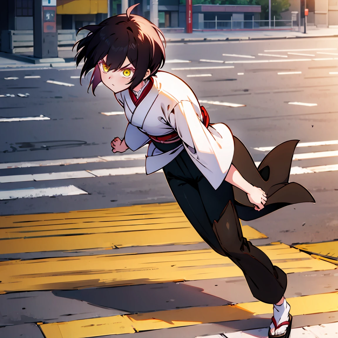 Women,   short hair ,  Yellow Eyes , camiseta blanca,  black pants ,  throw away , Japanese city