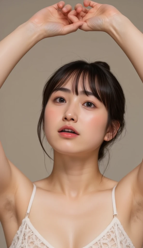 masterpiece, ,Award-winning photos, Extremely detailed, EDG ORGASM ,  woman with her mouth open and closed eyes  , A woman with an angle _Face、 Lung、 sweat-soaked skin 、32 years old 、Sleep, Raise your arms