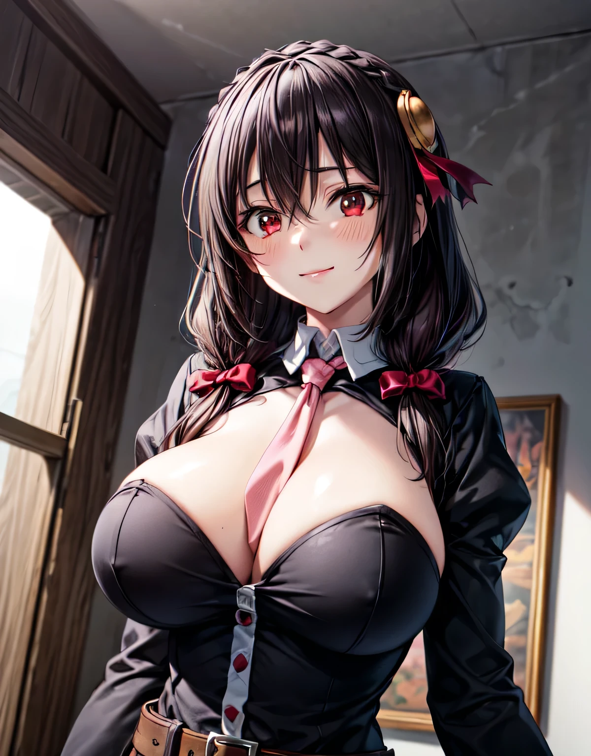 (red eyes),aayunyun,long hair,braid,twintails,hair between eyes,red bow,hair ornament,pink necktie,black shirt,belt,clothing cutout,long sleeves,juliet sleeves,skirt,(huge breasts:1.35),(shiny hair),((solo)),((masterpiece)),((best quality)),perfect anatomy,slim waist,perfect image,8k UHD,(beautiful detailed eyes:1.5),extremely detailed face,standing,(upper body:1.2),(look at the front:1.5),ultra-detailed,absurdres,ultra-highres,light smile,blush,