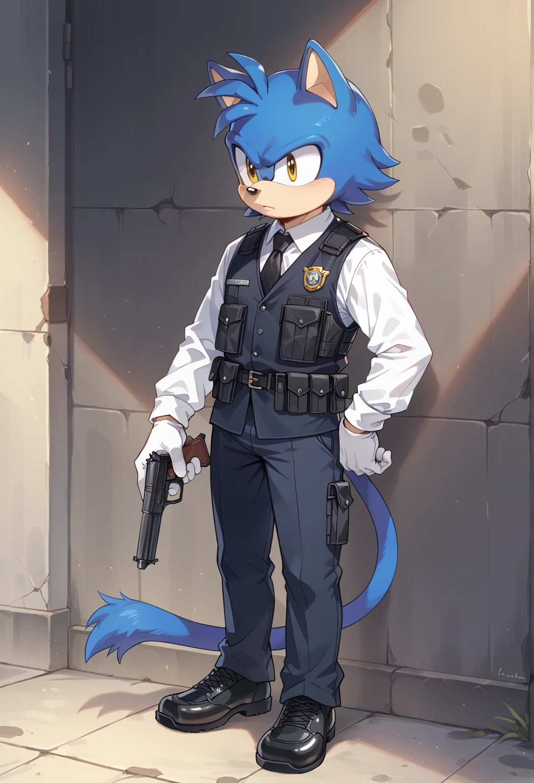 Male cat, ((Sonic character oc )), Male adult, (dark Navy Blue fur), ( Light White inner ears ), (Alone), ( Short hair ) , wears a police bulletproof vest and pants, white shirt, black tie, black formal shoes, yellow Eyes, Day time, ((mobian)), (Fur), Large cat Tail no fluffy, gun in the belt no in the hand