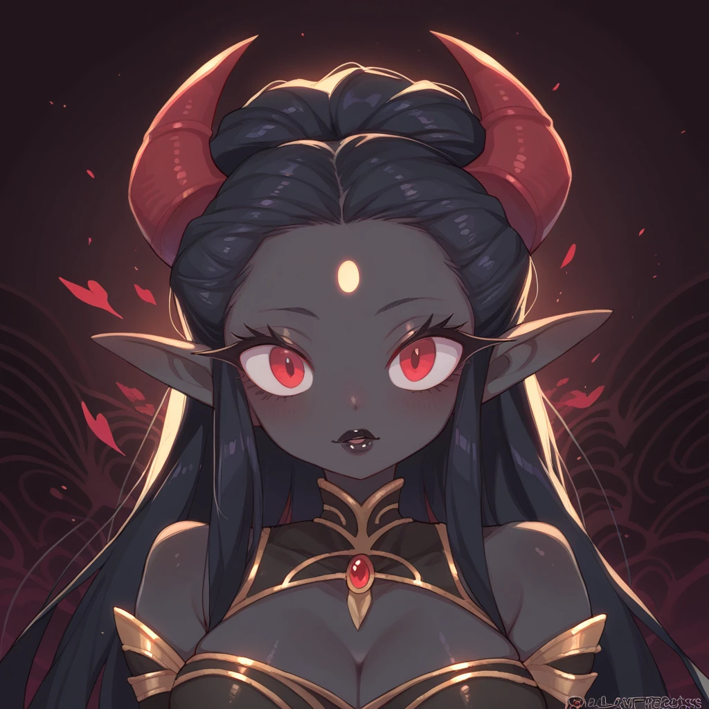 score_9, score_8_up, score_7_up, (Random poses), A beautifully detailed woman, succubus female, long black hair, elf ears, large eyes, red iris, long eyelashes, detailed facial features, black lipstick, (((Black skin))), demon horns, (((Dark pattern background))), dark clothes
