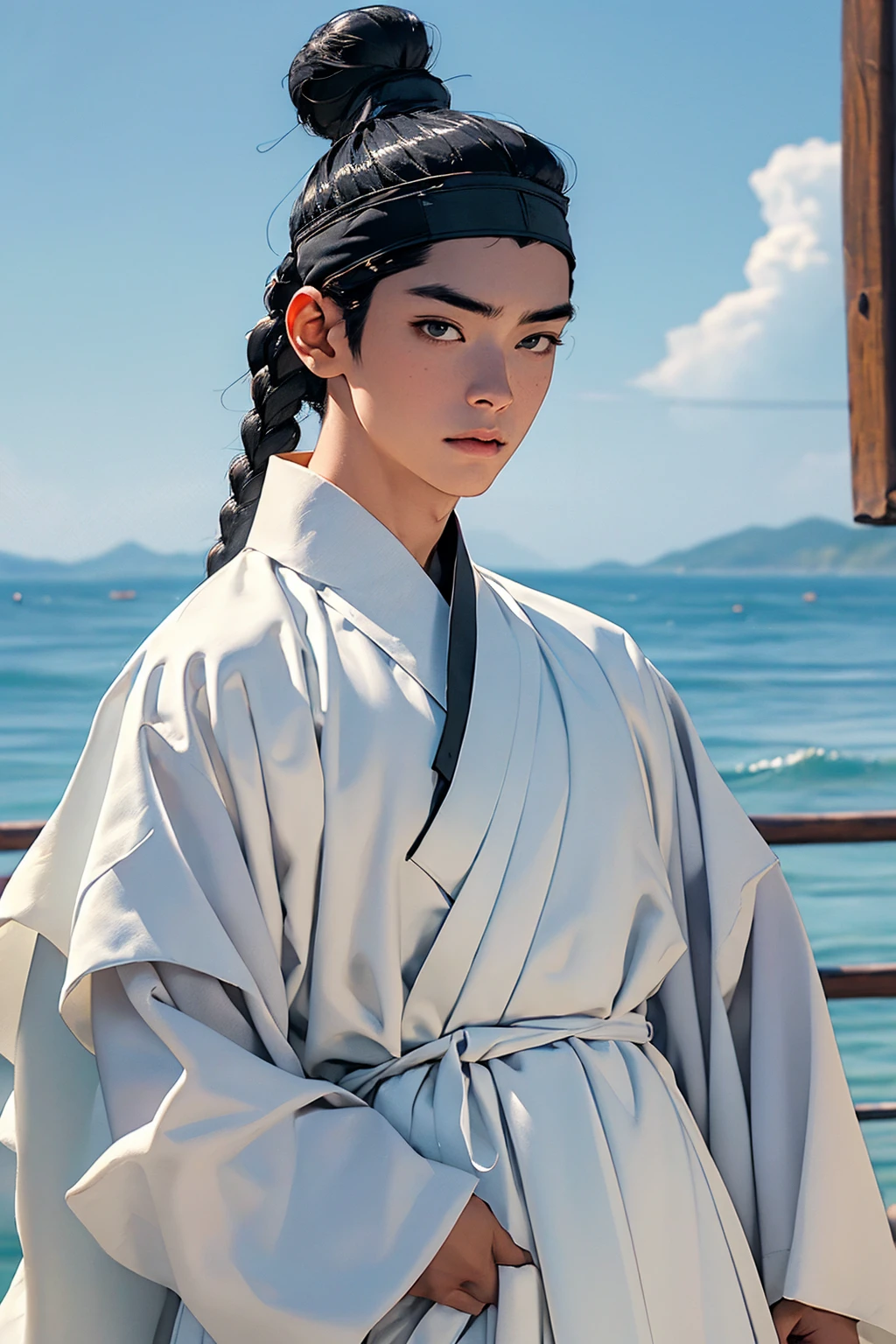 (absurdres, highres, masterpiece, best quality, ultra-realistic,ultra-detailed),(beautiful detailed face and eyes and hair:1.1),handsome,asian man,tall and muscular,black hair,black eyes,datailed face,topknot,see-through headband,white hanbok,sad,upper body, sea background