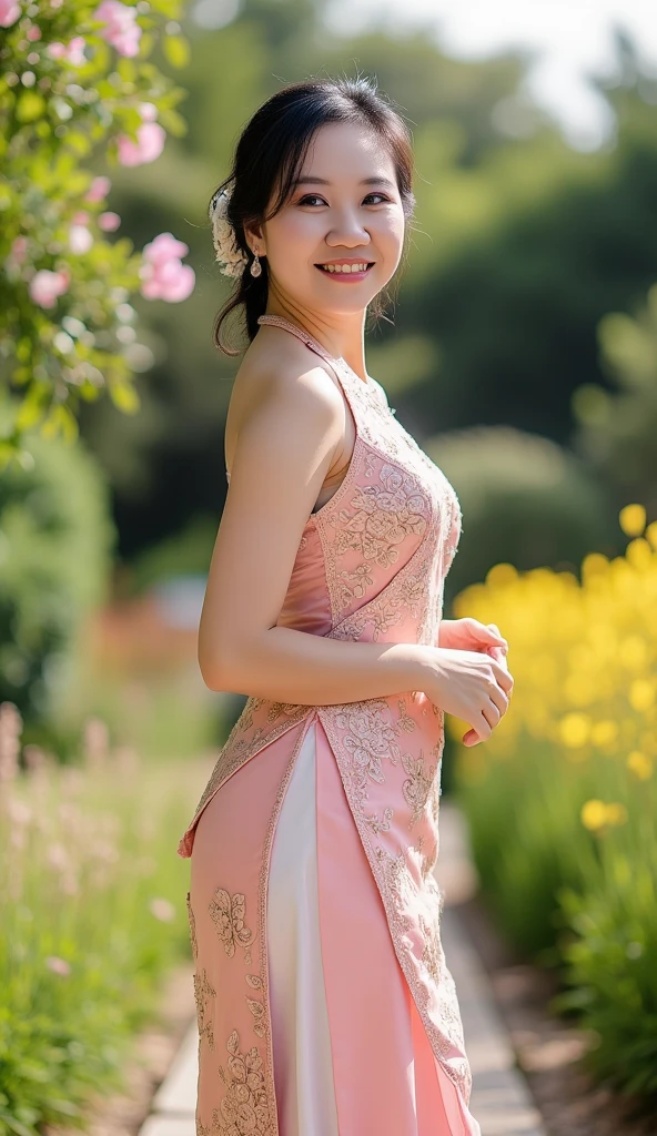 (best quality,4k,8k,highres,masterpiece:1.2),ultra-detailed,(realistic,photorealistic,photo-realistic:1.37),clear lines,light and dark photography,canon photography,crystal clear,detailed eyes and lips,beautiful woman,Tai dress,Shan dress,traditional dress,slim fit dress,Pretty Buttocks, long Hair, Instagram Pattern Pose, standing cute pose, confident, slim girl, big tits:1.2, perfect anatomy, perfect symmetry:1.2, Realistic, realistic face:1.3, perfect face, content, confident, very detailed, and dramatic, cinematic lighting, Lighting scene, soft lights
graceful movement, full body photography, (((masterpiece :1.5))), vibrant colors,exquisite embroidery,detailed patterns,graceful posture,serene expression,natural lighting,rich textures,depth and dimension,warm color tones,gorgeous background scenery,beautiful garden,floral elements,fine brushstrokes,artistic composition,natural poses,photogenic,model-like appearance, full body photography, photorealistic