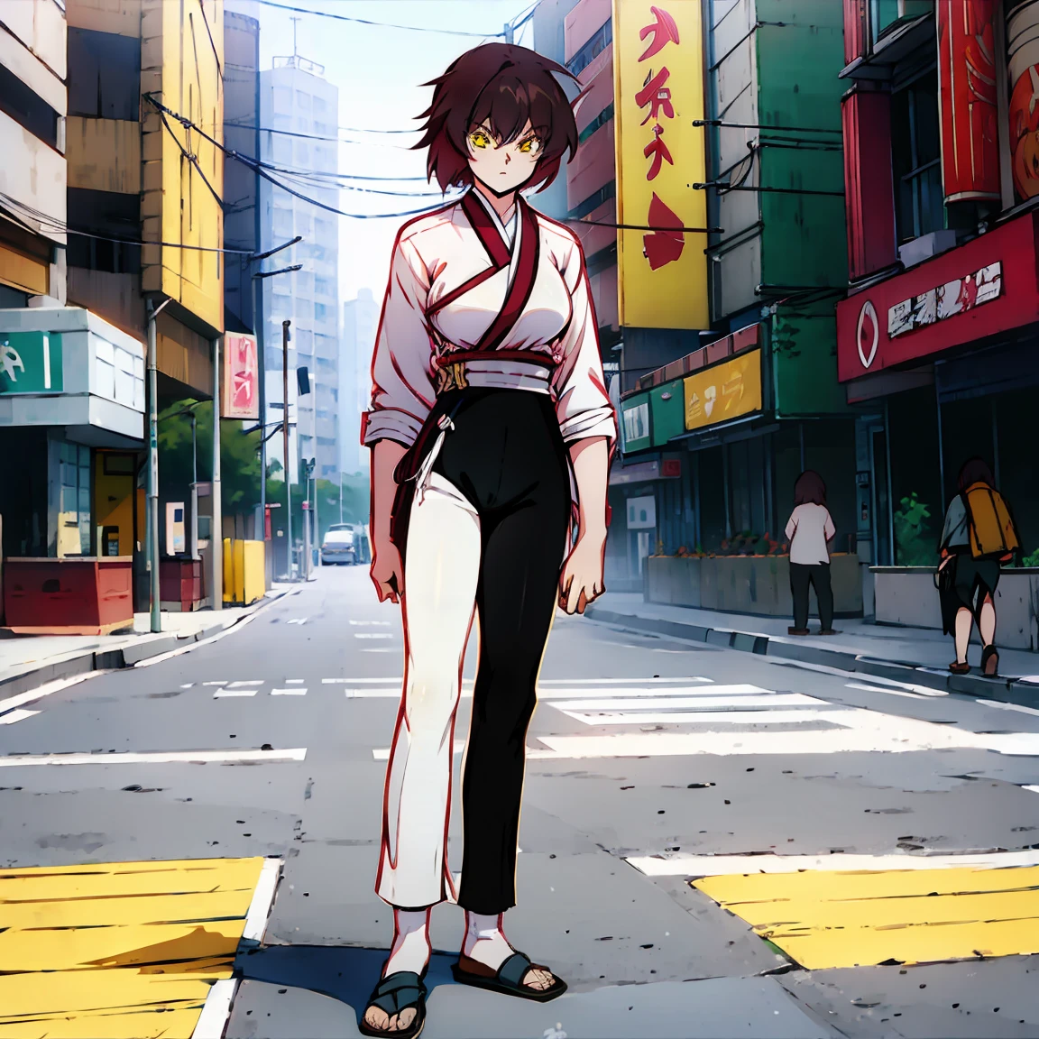 Women,   short hair ,  Yellow Eyes , camiseta blanca,  black pants ,  throw away , Japanese city